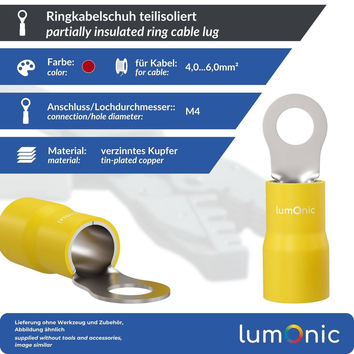 Lumonic 25x Ringkabelschuh 4,0-6,0mm² teilisoliert | M4 | Kupfer verzinnt | sichere Kabelverbindung ohne Löten | Set, Crimp-Kabelschuh, Quetschverbinder, Ringöse | KFZ, Maschinenbau, Wohnmobil, Batterie