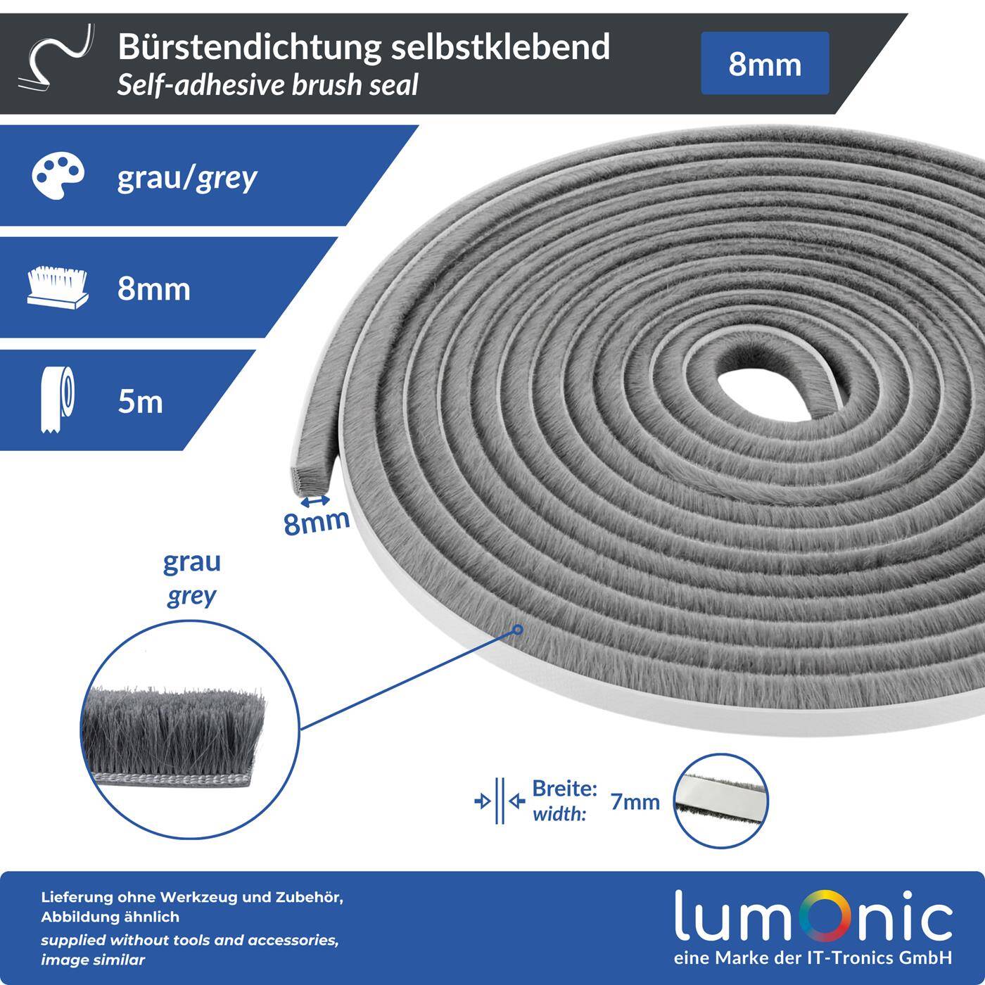 Lumonic 5m Brush seal gray 8mm | Self-adhesive + Can be cut to size | Draught excluder, cold protection, insect screen for windows, doors, cupboards