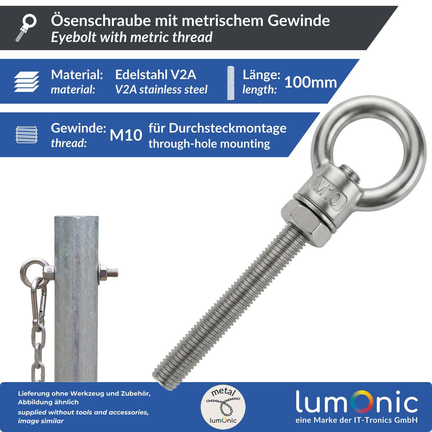 Eye bolt V2A stainless steel M10x100mm  Push-through mounting Eyebolt for awning hammock swing + chains incl. nut + washer