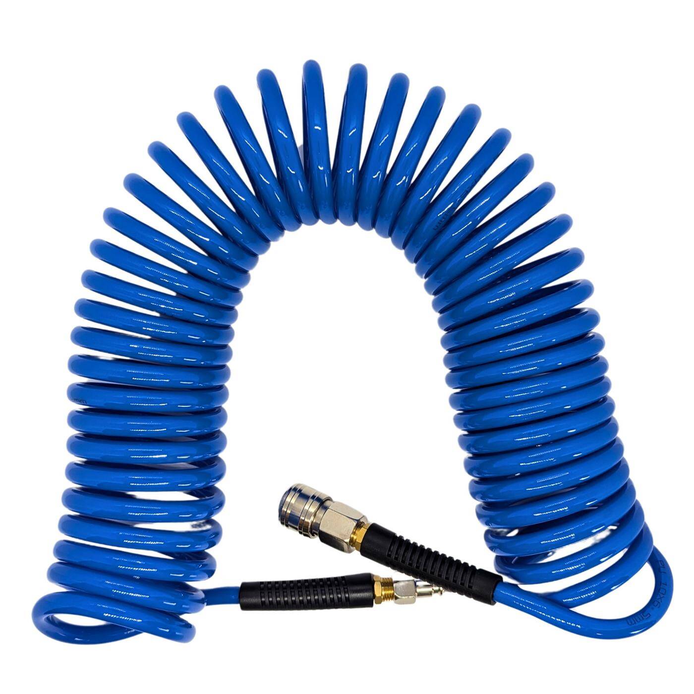 PU Spiralschlauch Premium mit Schnellkupplung 6,5mm/10mm 10m für Kompressoren und Druckluftwerkzeuge flexibel, abriebfest Druckluftverlängerung Dose & Stecker