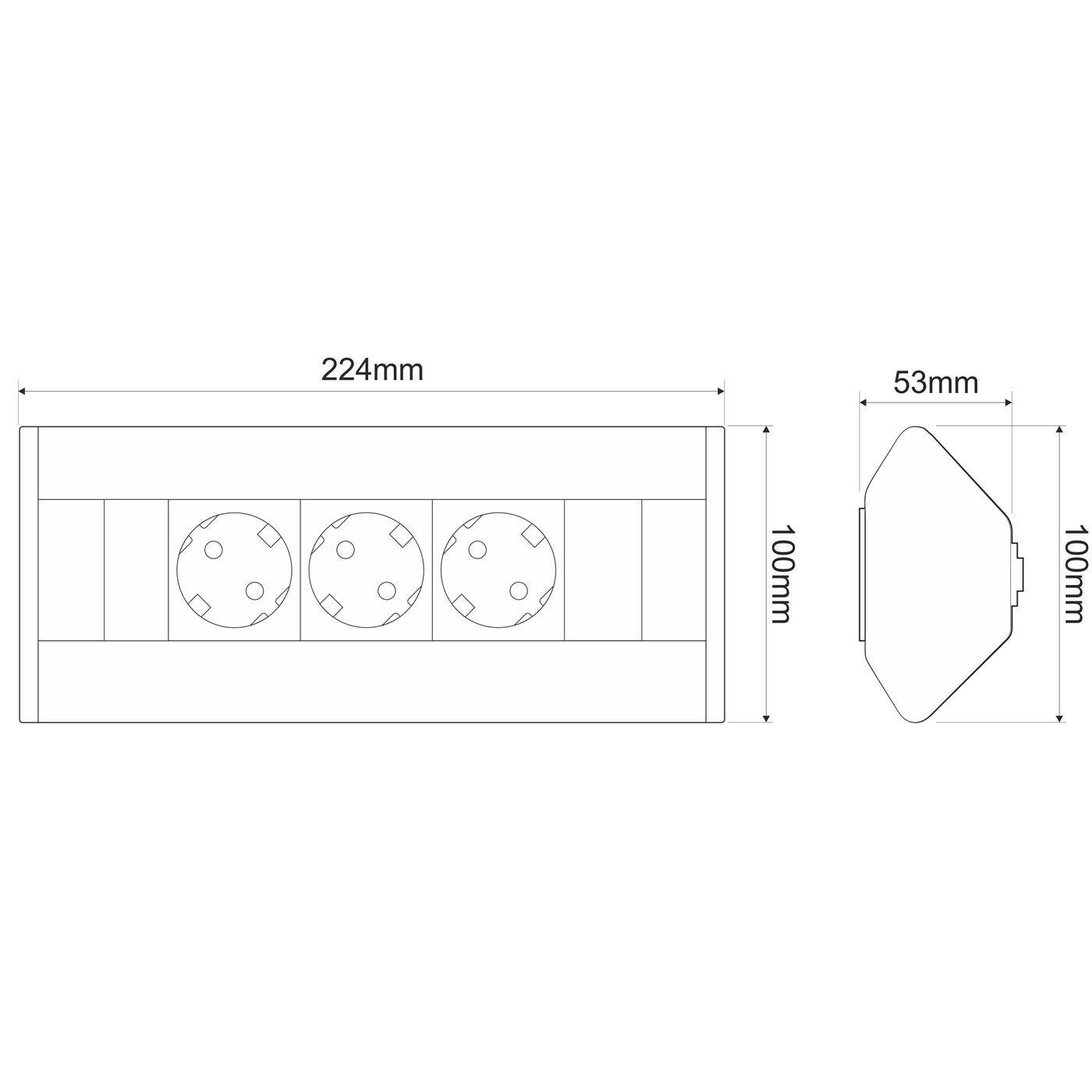 Lumonic ConerBox 3x Schuko Steckdose Tischsteckdose silber I 3 Steckdosen mit 230V max. 3600W I Größe 224 x 64 x 64mm Ideal zur Eckmontage