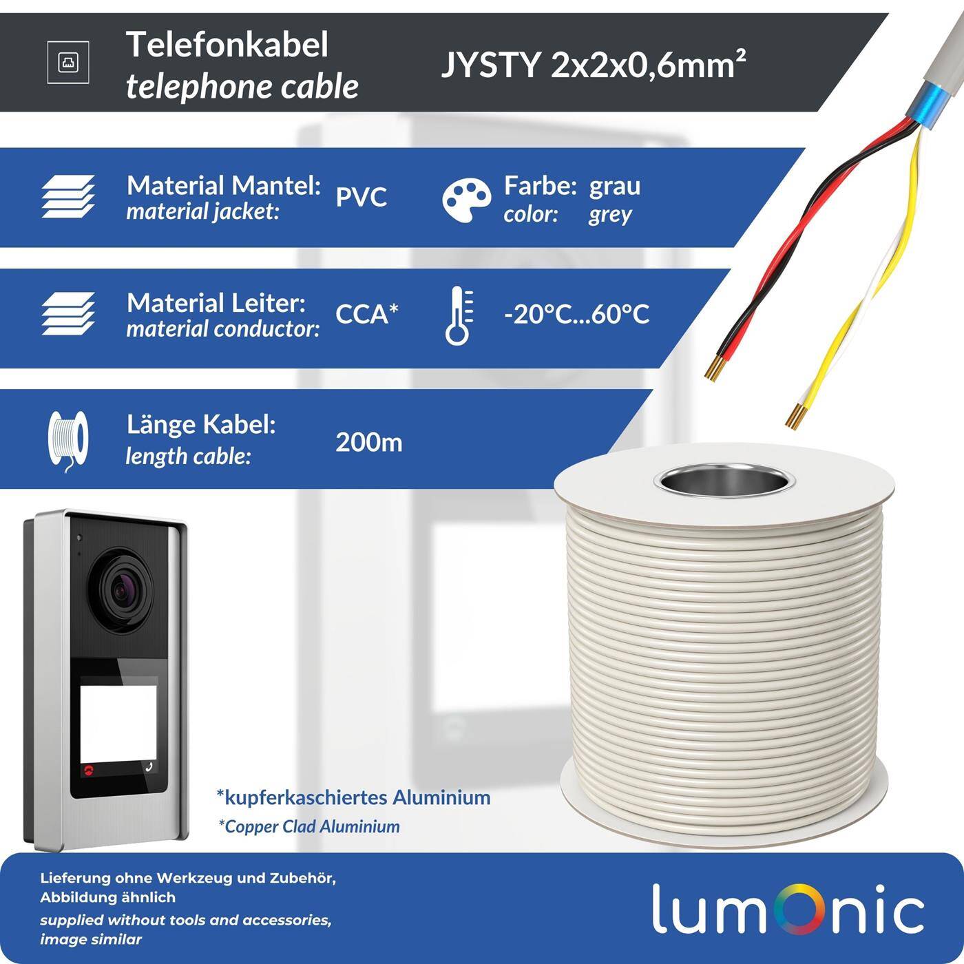 Lumonic Telefonkabel JYSTY grau auf Rolle | 2x2x0,6mm CCA | 200m | farbcodiert & geschirmt | Metermarkierung | Fernmeldekabel, Telefonanschlusskabel