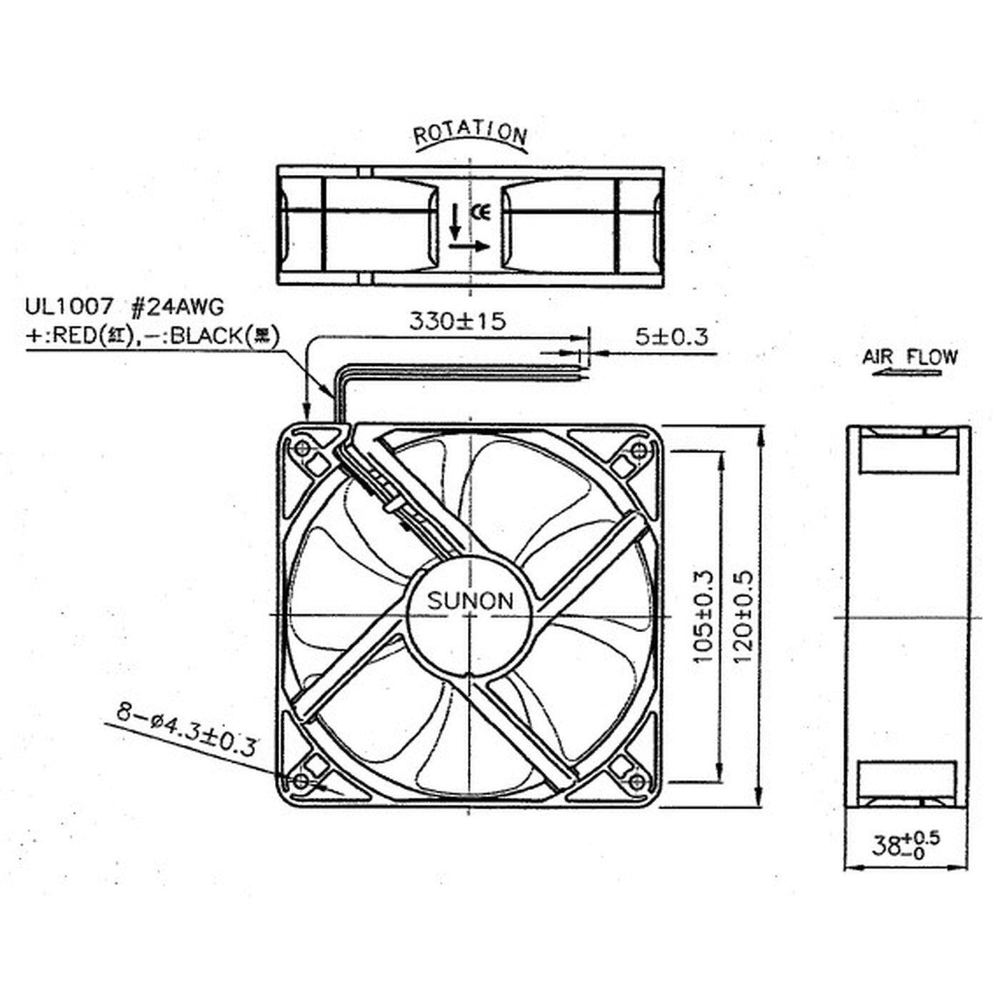 Lüfter 12V DC 9,6W 120x120x38mm 234,4m³/h 3100U/Min 234,4m³/h Sunon EEC0381B1-A99