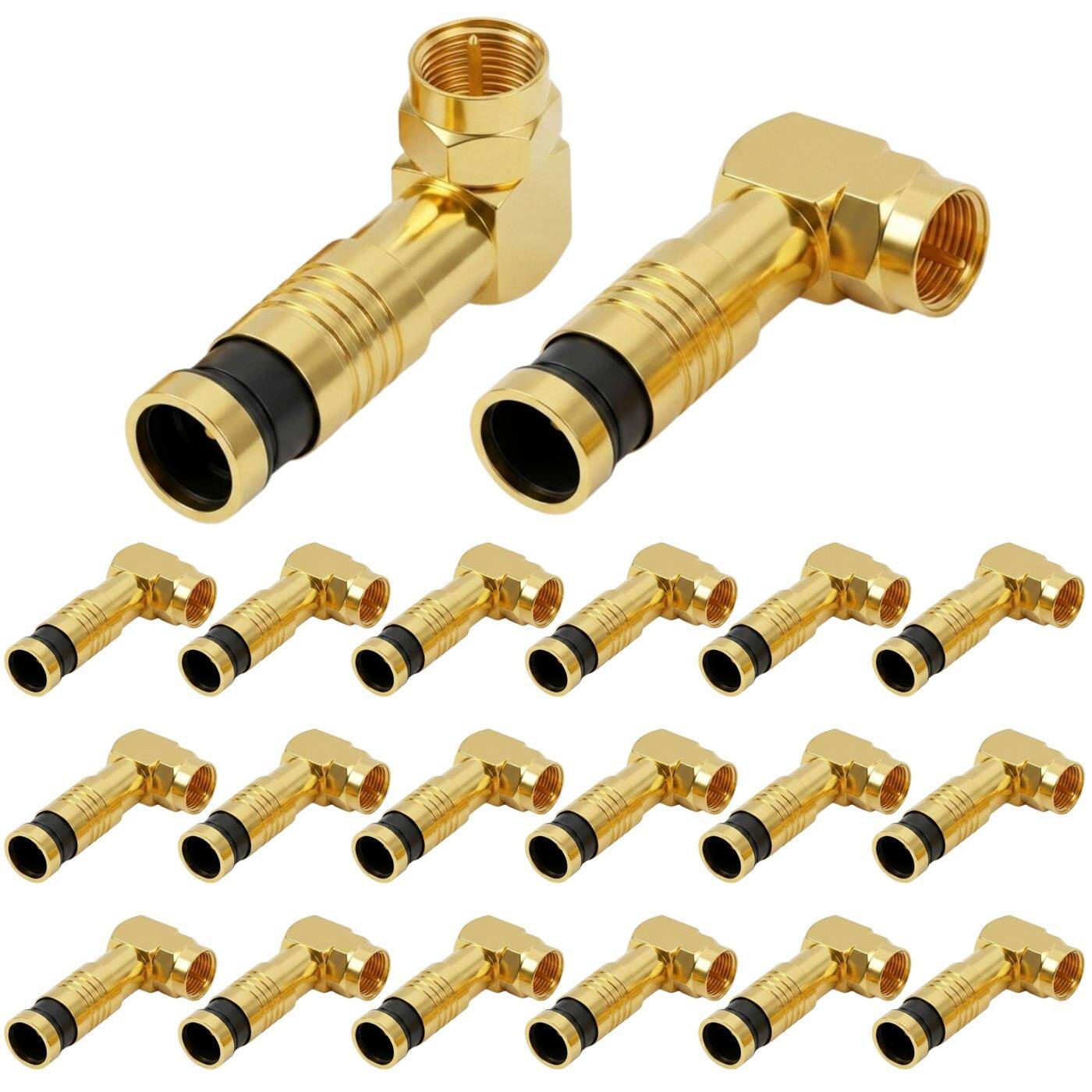 Lumonic 20 Stück 90° F-Kompressionsstecker 7mm | vergoldet, gewinkelt | F-Stecker für Kompressionstechnik | Pressstecker für Koaxialkabel, SAT Kabel, Antennenkabel, Kabelinternet