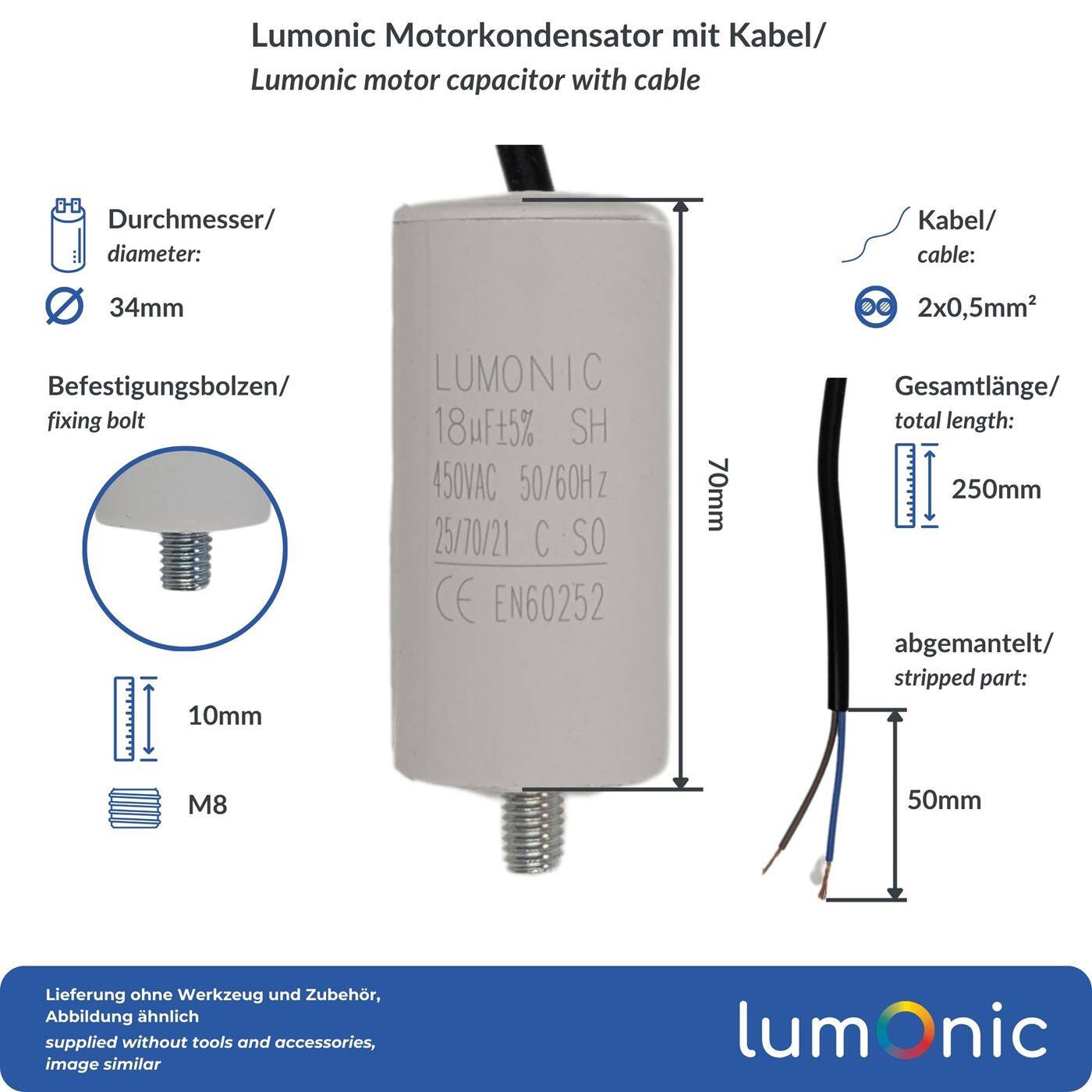 Lumonic Anlaufkondensator 18µF 450V | mit Kabel I 34x70mm I 18uF I Motorkondensator mit Kunststoffgehäuse I Betriebskondensator I für Pumpen, Rasenmäher, Werkzeuge