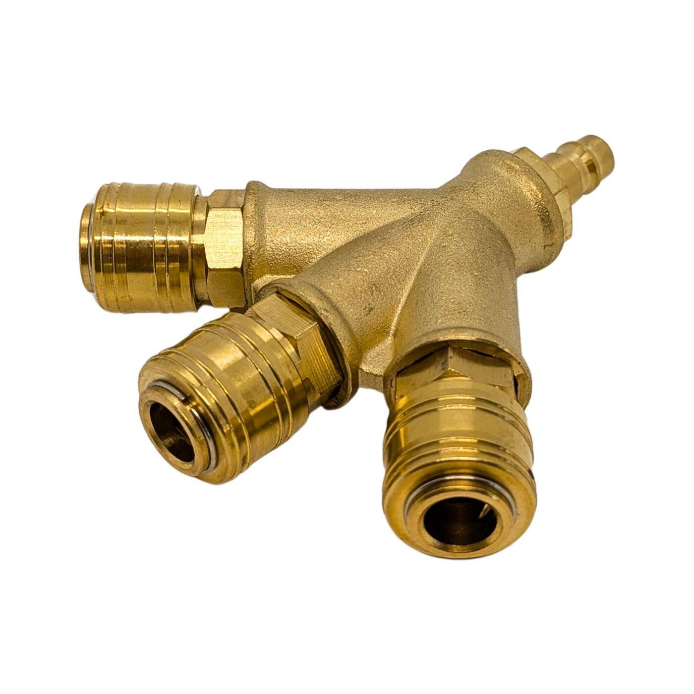 Druckluftverteiler 3-fach komplett mit Kupplungs-Stecker aus Messing Innengewinde 1/2" Druckluftweiche Schnellkupplung Mehrfachverteiler für Werkstätten, Betriebe und Heimwerker