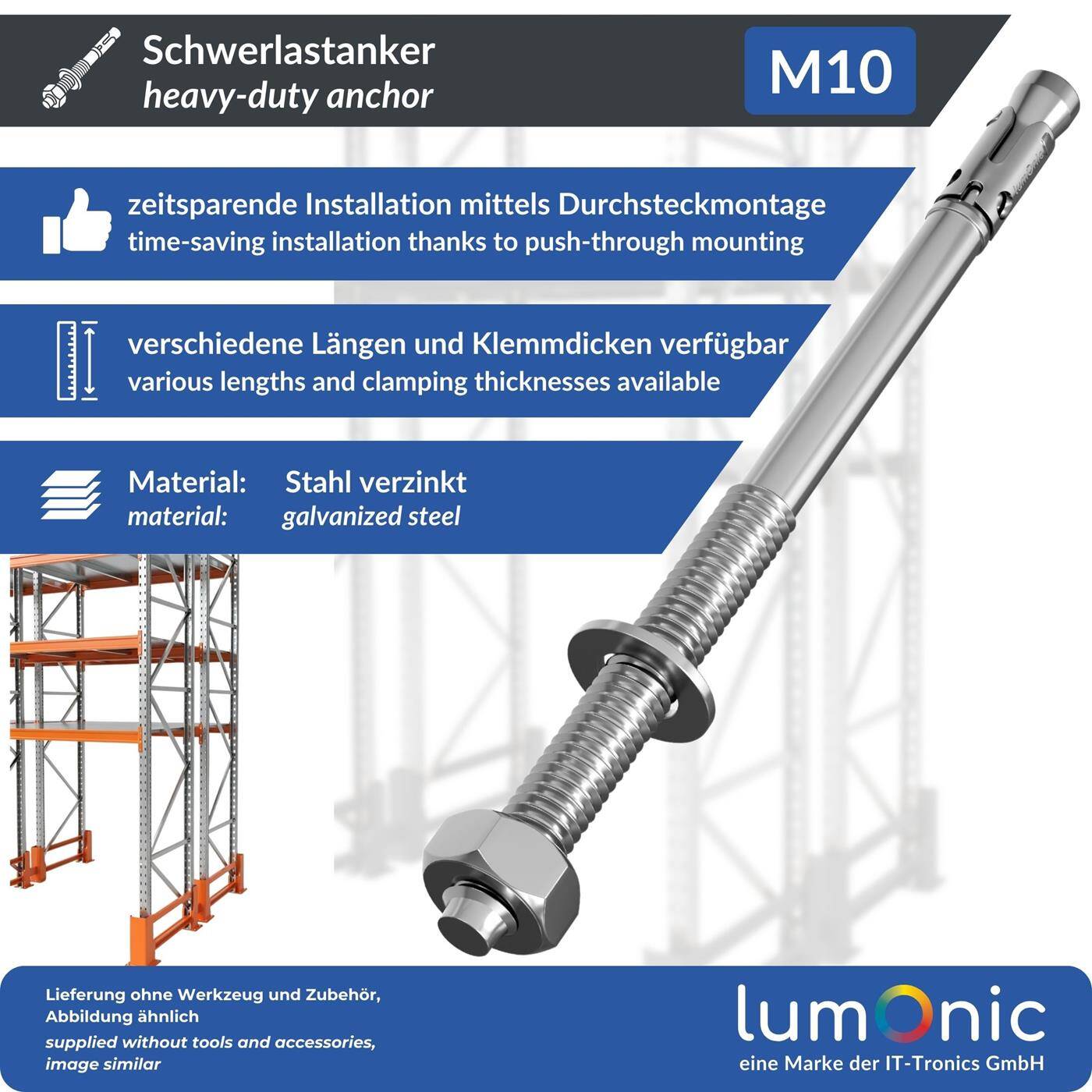 Lumonic Heavy Duty Anchor M10 x 170mm | High-quality galvanized wedge anchors | Push-through mounting, IMMEDIATELY LOADABLE | Concrete anchor, Heavy duty anchor | for canopies, Railing, Shelves, Partition walls