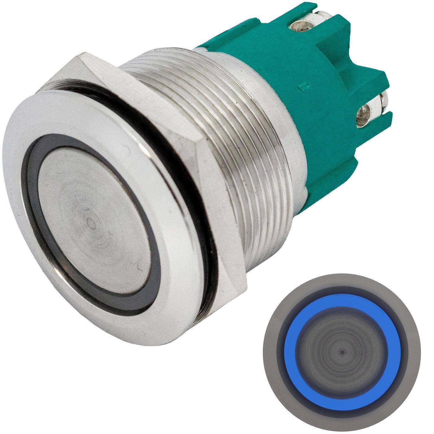 Lumonic Edelstahl Druckschalter flach 25mm Durchmesser I Mit einer Ring LED in Blau Maße: Schraubanschluss 250V 3A I Vandalismussicher nach dem IP65 Standard