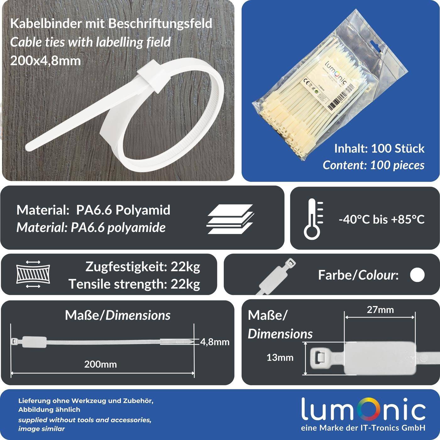 Lumonic 100 Stück Kabelbinder mit Beschriftungsfeld, längs | 200 × 4,8mm | bis 22kg Zugfestigkeit | Nylon PA6.6 | Kabelmarkierung in Industriequalität | Kabelmanagement, Industrie, Haushalt
