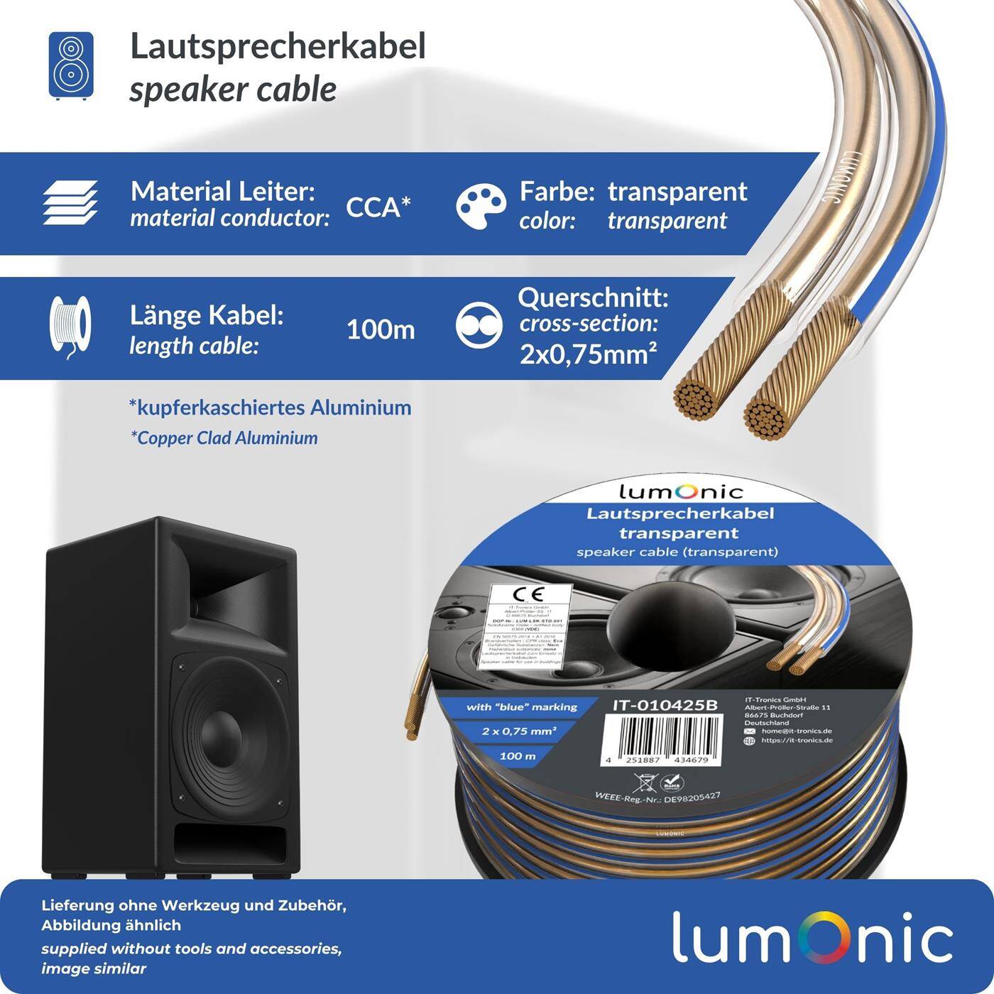 Lumonic Lautsprecherkabel | 100m Transparent | 2x 0,75mm² CCA | blaue Markierung HiFi Boxenkabel | Audio Zwillingsleitung