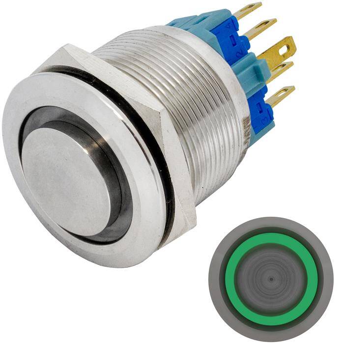 Edelstahl Drucktaster erhaben Ø25mm Ring LED Grün IP65 2,8x0,5mm Pins 250V 3A Vandalismussicher