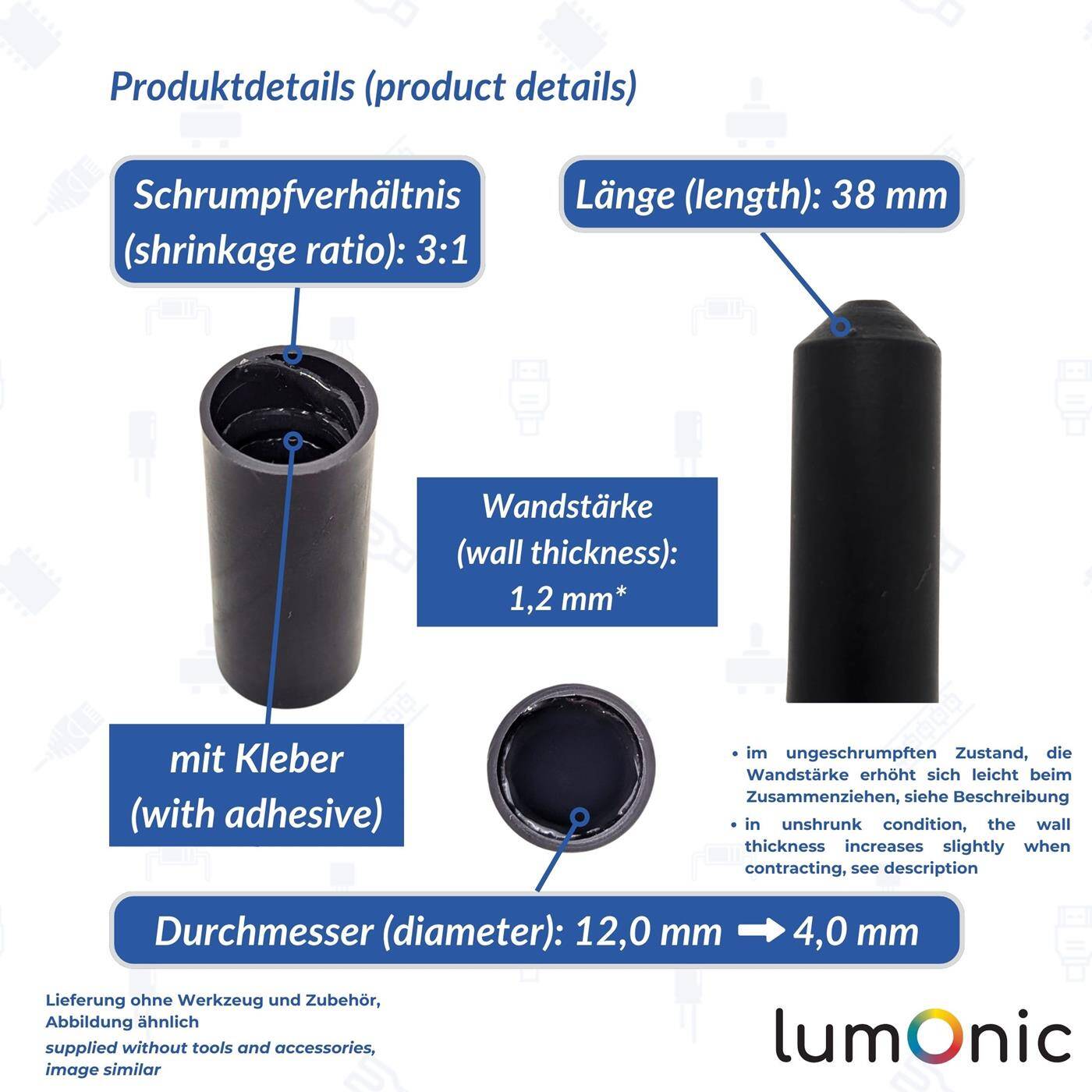Warmschrumpf Endkappe mit Kleber 12 -> 4mm schwarz Verhältnis 3:1 vernetztes Polyolefin Schrumpfkappe für Kabel, Rohre und Seile
