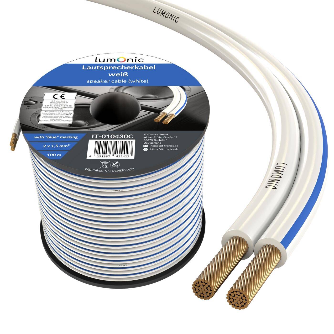 Lumonic Lautsprecherkabel | 100m Weiß | 2x 1,5mm² CCA | blaue Markierung HiFi Boxenkabel | Audio Zwillingsleitung