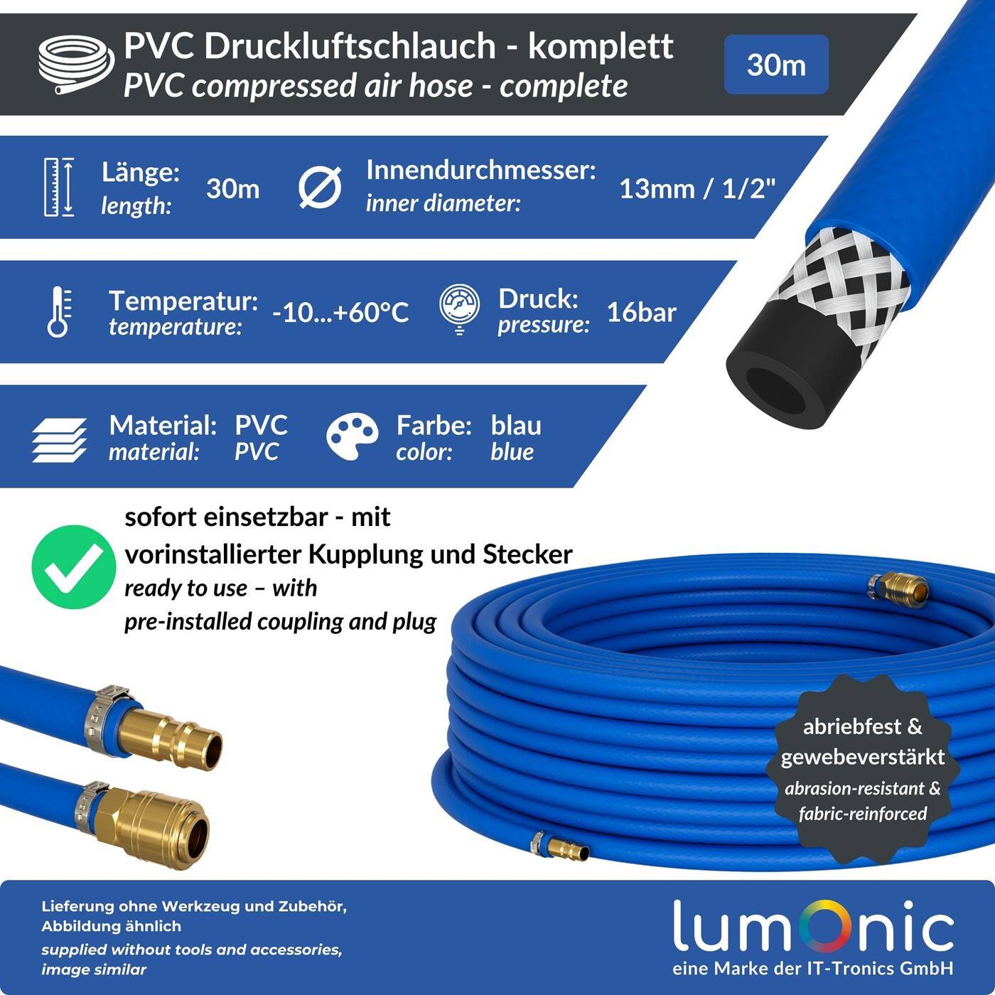 Lumonic 30m Compressed air hose with quick coupling I 13mm I ready-made I Flexible, abrasion-resistant and fabric-reinforced I PVC Compressed air extension I Can