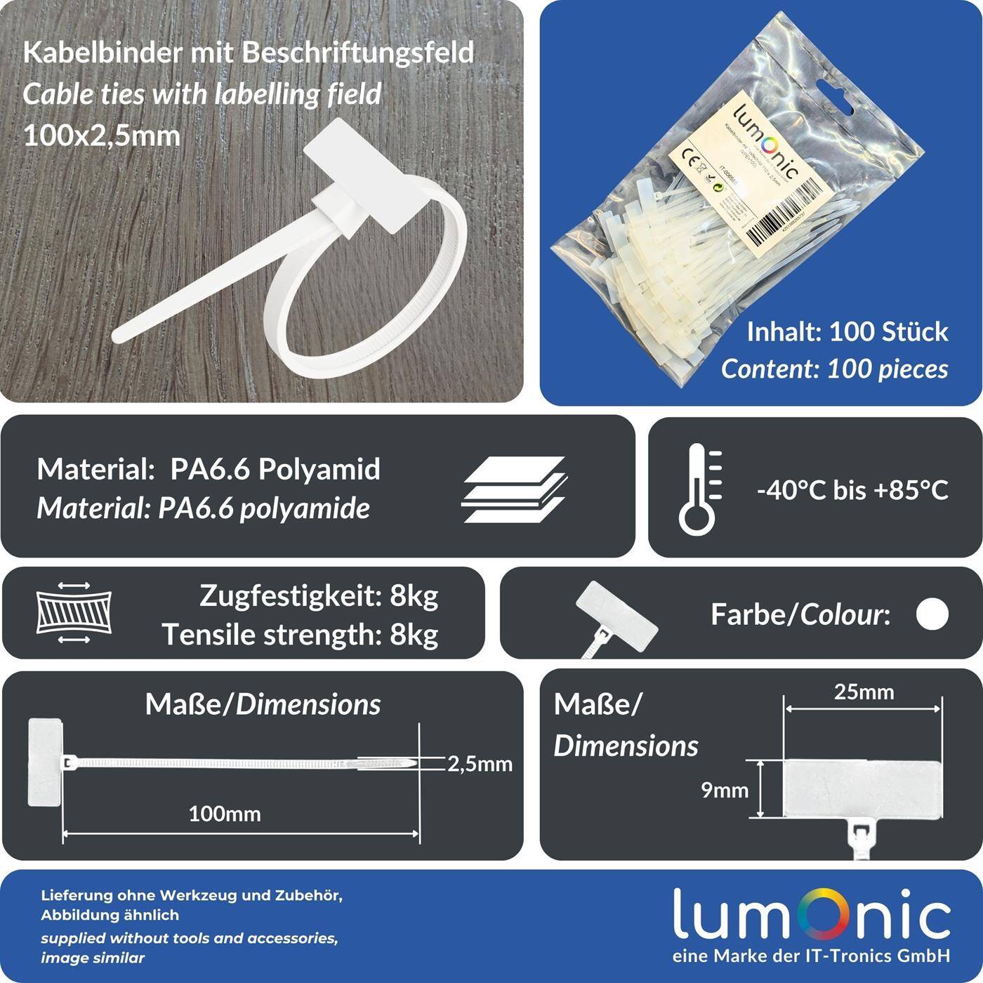 Lumonic 100 Stück Kabelbinder mit Beschriftungsfeld, quer | 110 × 2,5mm | bis 8kg Zugfestigkeit | Nylon PA6.6 | Kabelmarkierung in Industriequalität | Kabelmanagement, Werkstatt, Haushalt