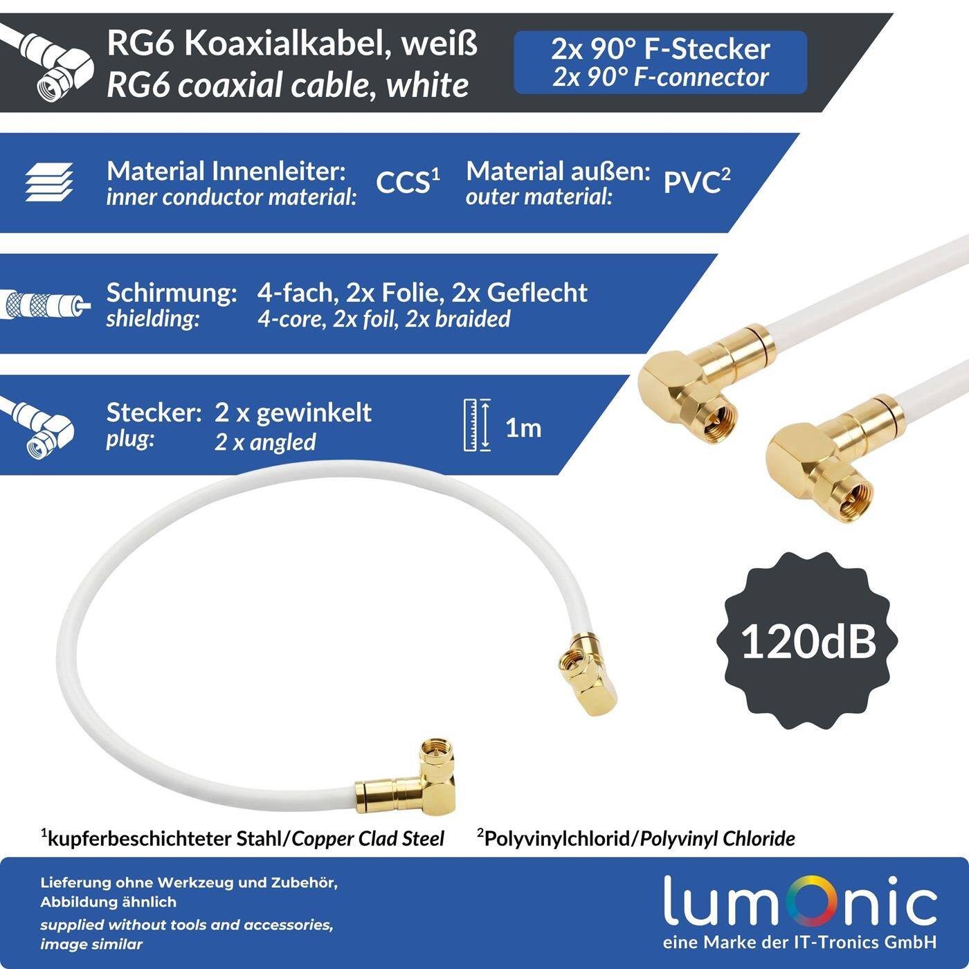 Lumonic 1m Antennenkabel RG6 | 2x vergoldete F-Stecker 90 ° gewinkelt | Weiß | 4-fach geschirmt 120dB | fertig konfektioniert | Koaxialkabel, Sat Kabel, DVB-T2, Kabelinternet