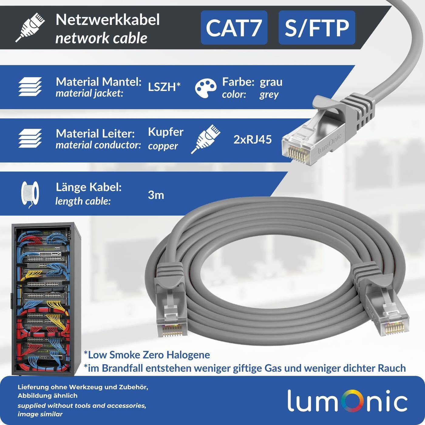 Lumonic CAT7 Patchkabel S/FTP 3m | RJ45 | grau | Ethernet LAN | Netzwerkkabel