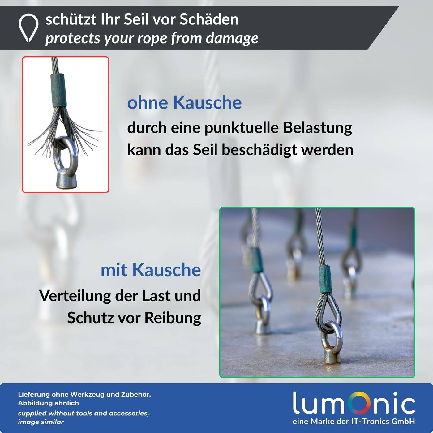 Lumonic Kausche für Ø3mm Drahtseil | V4A 316 Edelstahl rostfrei | abgerundeten Kanten | Zubehör für Stahlseil, Seile | Seilöse für Rankhilfe, Wäscheleine, Lampen, Sichtschutz, Sonnensegel, Zaun, Pflanzenhalterung