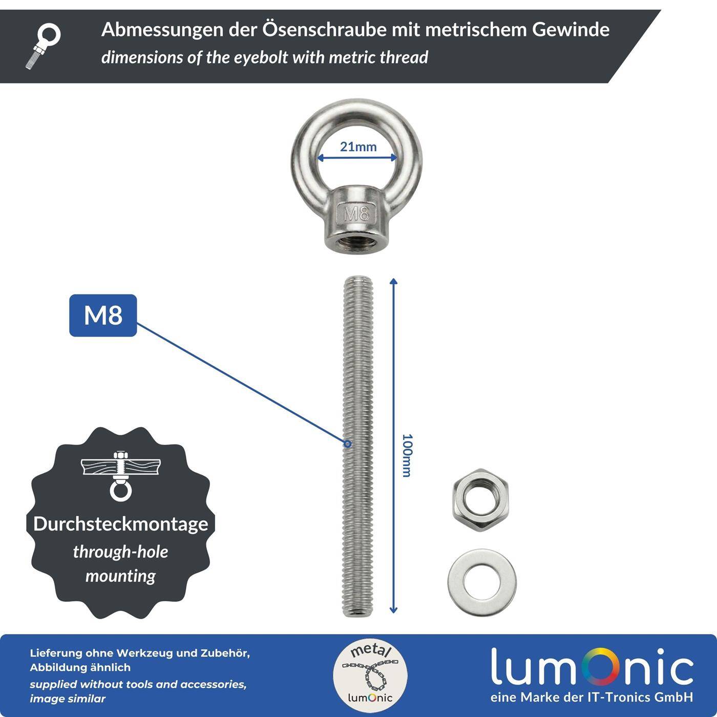 Lumonic Eye bolt V2A stainless steel incl. nut + washer | M8x100mm |  | Push-through mounting | Eyebolt for awning, hammock, swing + chains