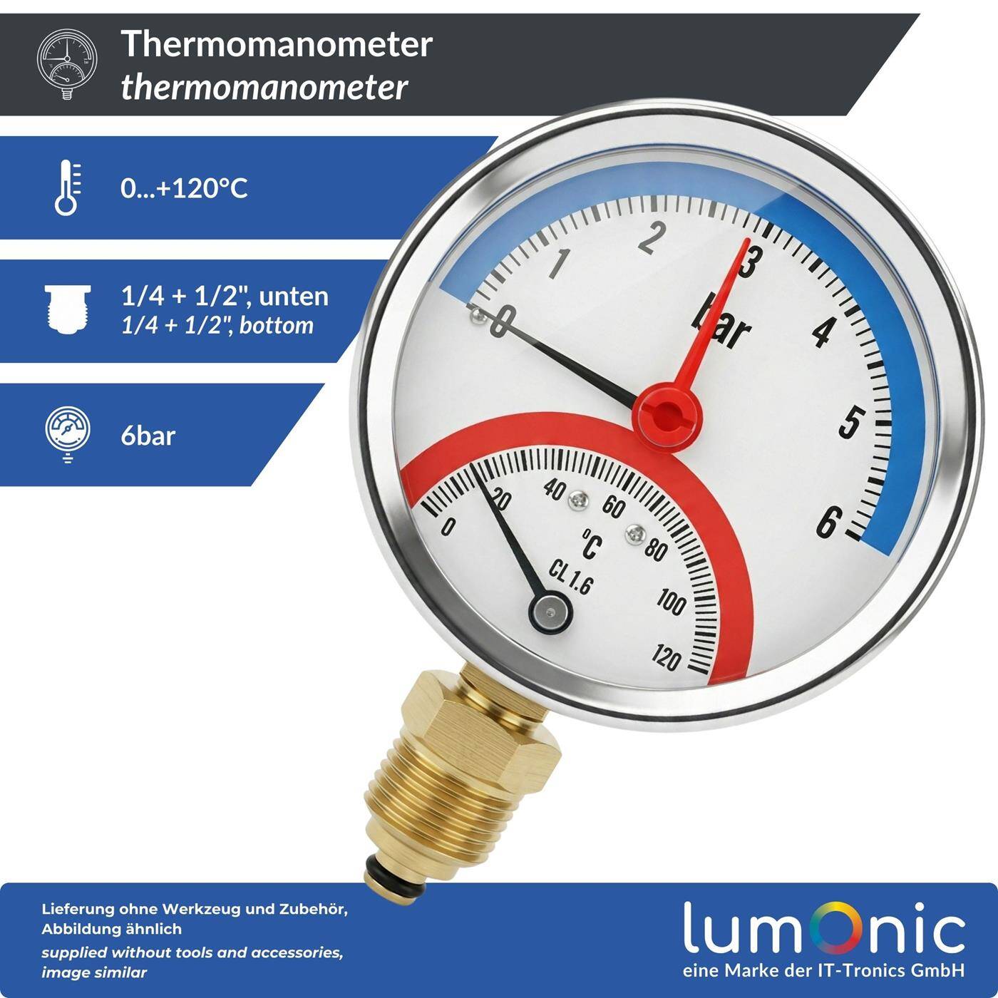 Thermomanometer 6bar 0-120°C 1/4 + 1/2 inch (adapter) Bottom connection Ø 80mm large scale Heating pressure gauge Metal housing