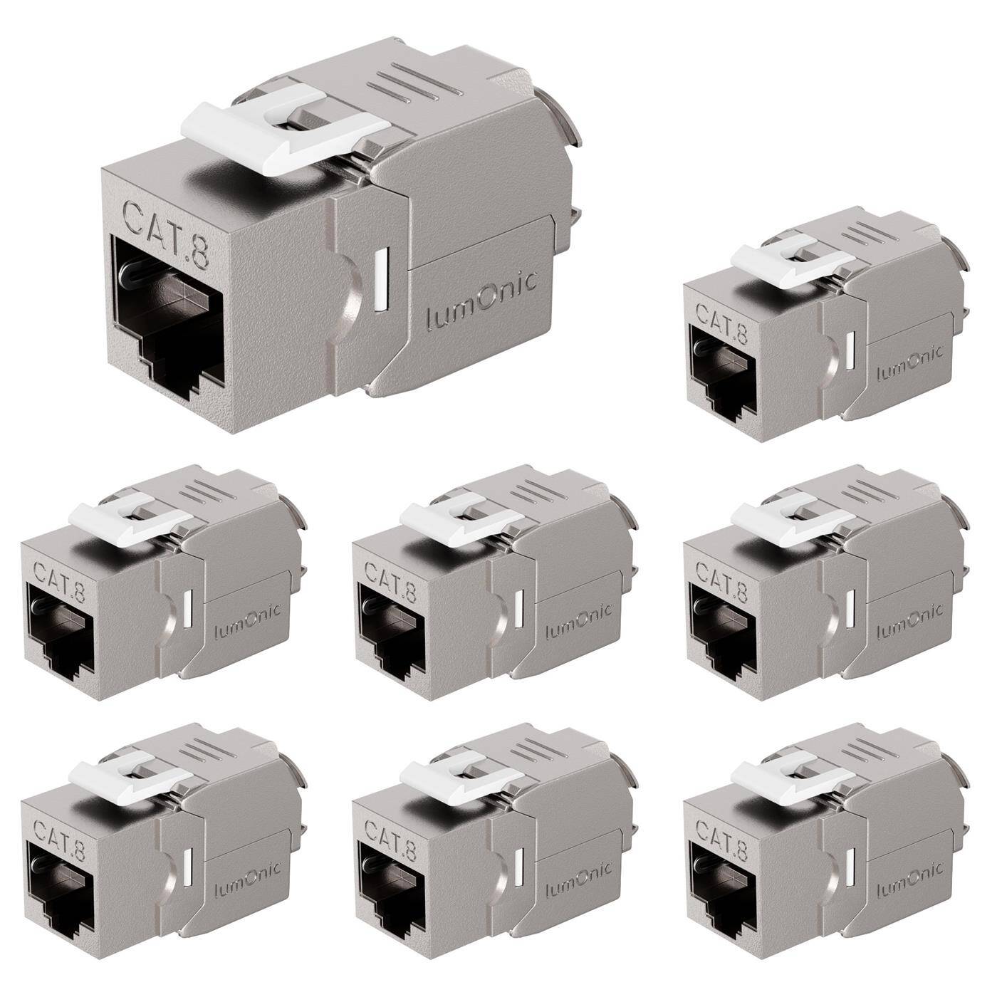 8er Set Keystone RJ45 CAT8.1, einfache, werkzeuglose Montage, T568A/B farbcodiert, für Wanddose + Patchpanel, PoE, bis 40Gbit/s, 360° Schirmung, Zugentlastung mit Kabelbinder, Metallgehäuse, Jack Modul