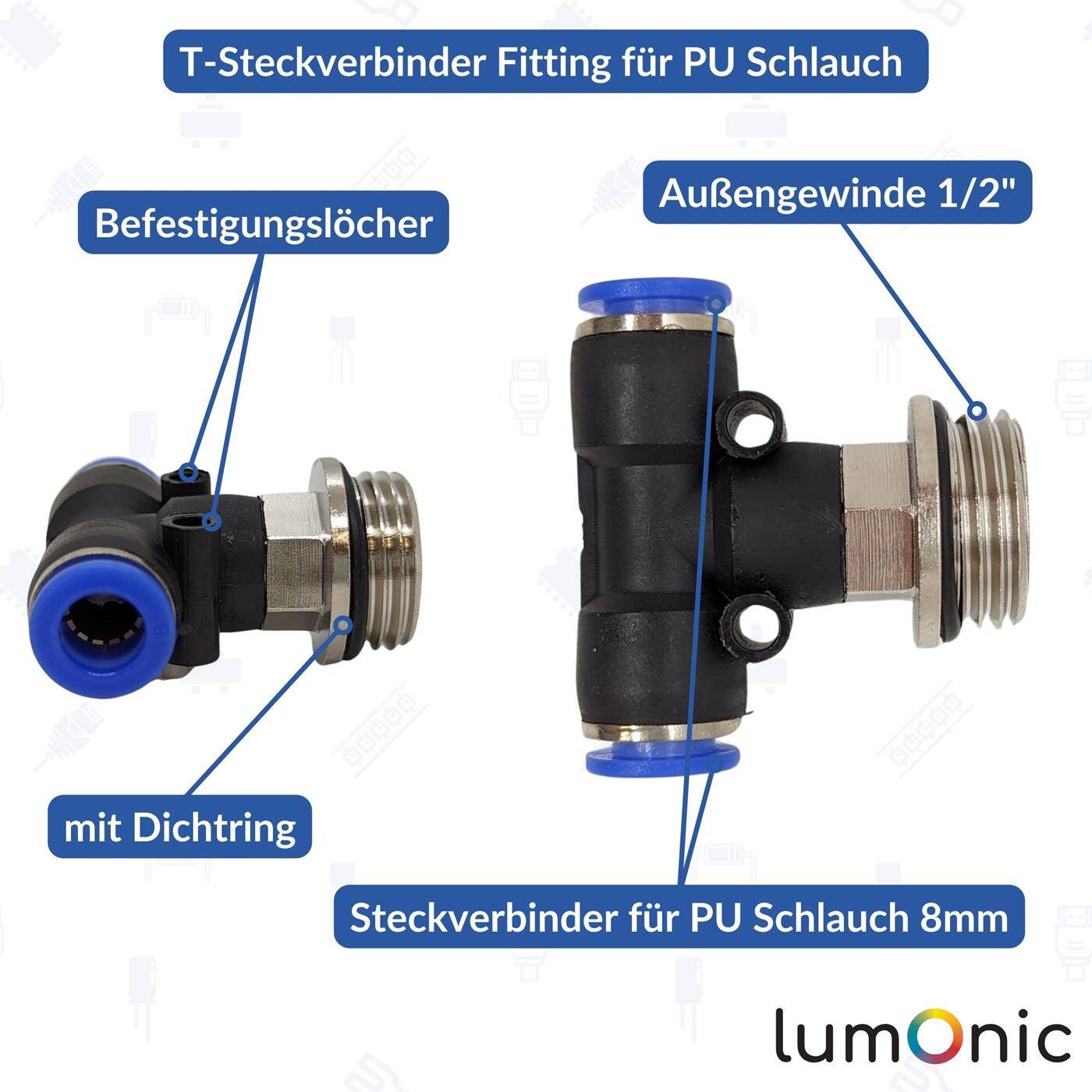 PU hose T-connector fitting with external thread 8mm*1/2inch T-piece Push-in Pneumatic plug connector T-distributor Compressed air PU hose T-connector fitting with external thread 8mm*1/2inch T-piece Push-in Pneumatic plug connector T-distributor Compressed air