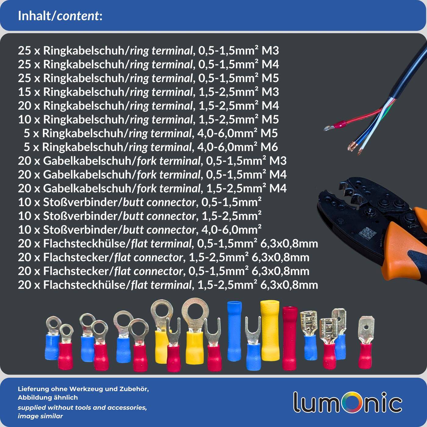 Lumonic I 300-piece cable lug set I Ring cable lug, fork cable lug, butt connector, blade receptacle, blade terminal I 0,5-6,0mm² I Motor vehicle, hobby