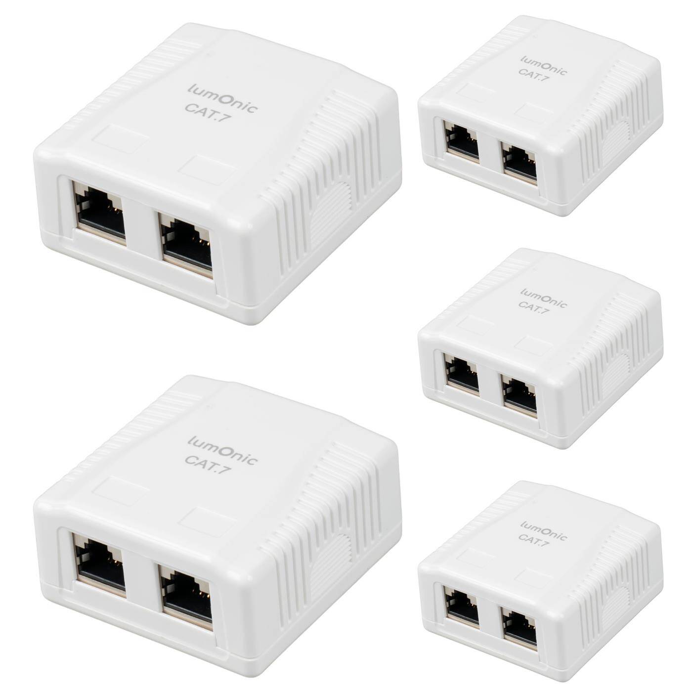 Lumonic 5er Set  Netzwerkdose Aufputz CAT7 | 2-Port RJ45, Anschluss unten | ohne Stemmen nachrüsten | LSA-Montage, T568A/B farbcodiert | ABS Gehäuse, weiß | Ethernet-Dose bis zu 10 Gbit/s