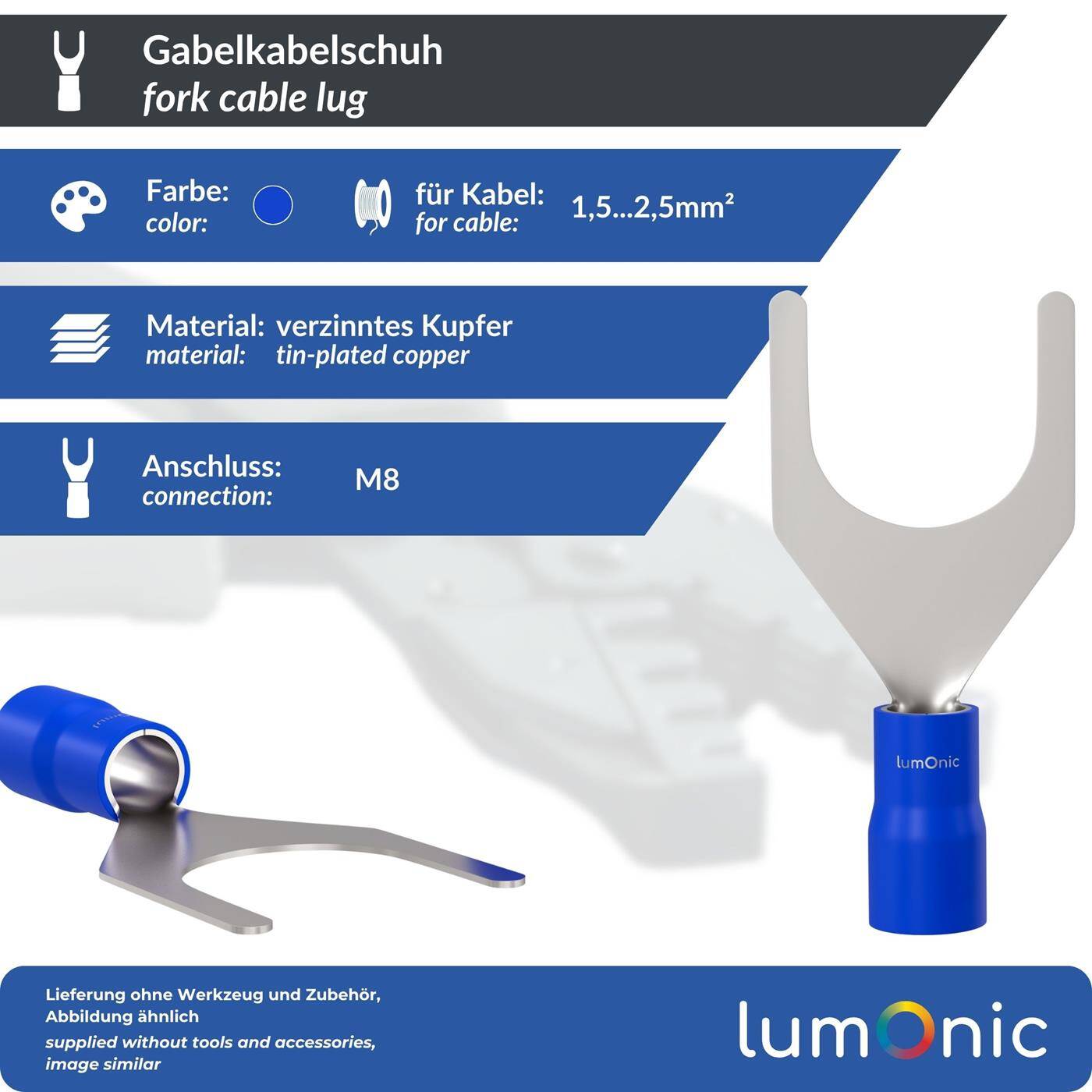 25x Forked cable lug partially insulated 1,5-2,5mm² Hole diameter M8 Blue Ring lug Copper tinned 25x Forked cable lug partially insulated 1,5-2,5mm² Hole diameter M8 Blue Ring lug Copper tinned