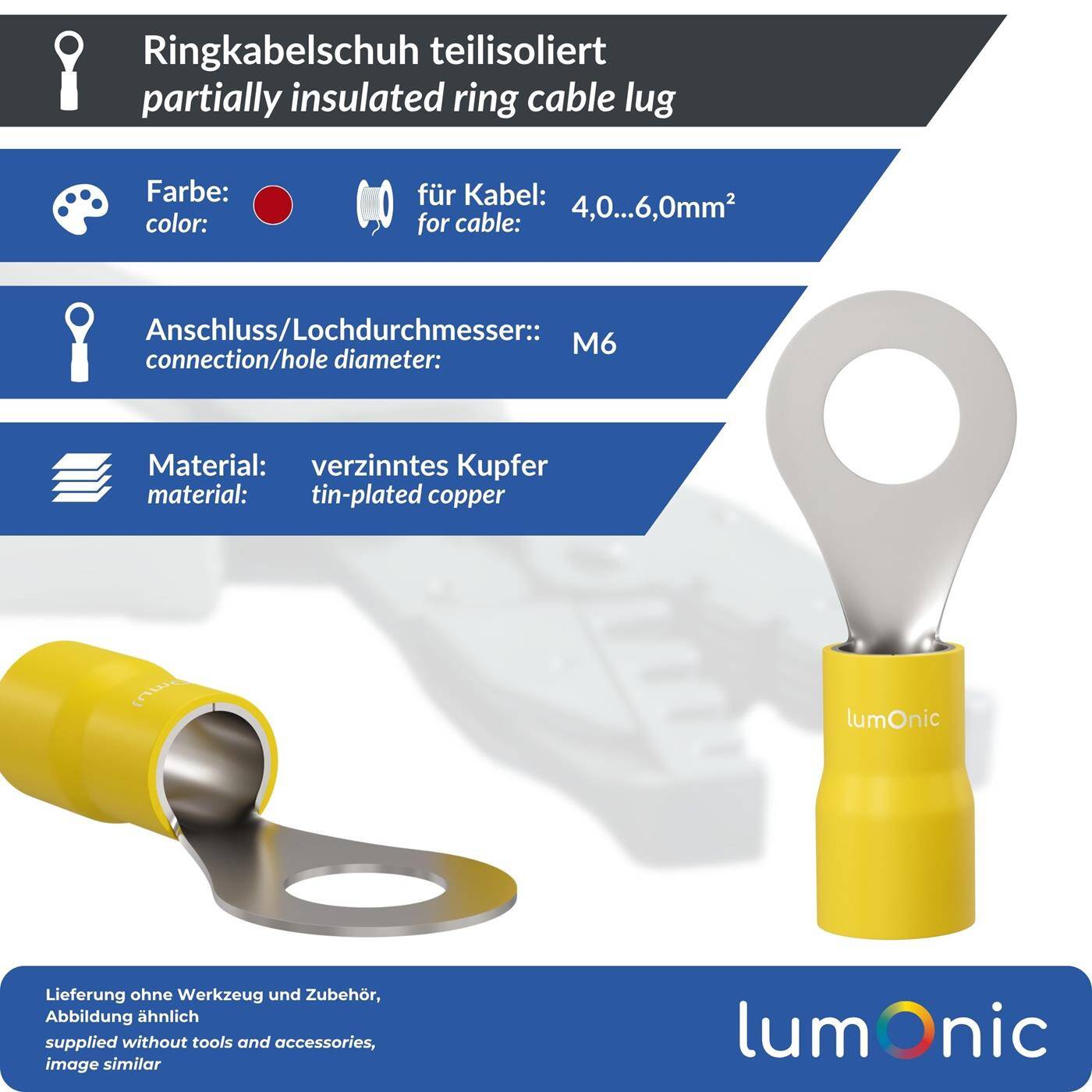 Lumonic 25x Ringkabelschuh 4,0-6,0mm² teilisoliert | M6 | Kupfer verzinnt | sichere Kabelverbindung ohne Löten | Set, Crimp-Kabelschuh, Quetschverbinder, Ringöse | KFZ, Maschinenbau, Wohnmobil, Batterie