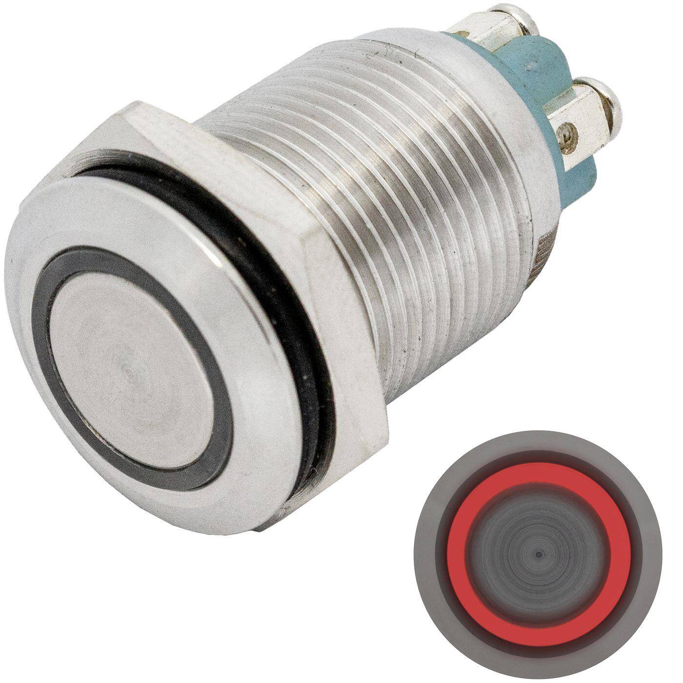 Lumonic Edelstahl Drucktaster flach 16mm Durchmesser I Mit einer Ring LED in Rot Maße: Schraubanschluss 250V 3A I Vandalismussicher nach dem IP65 Standard