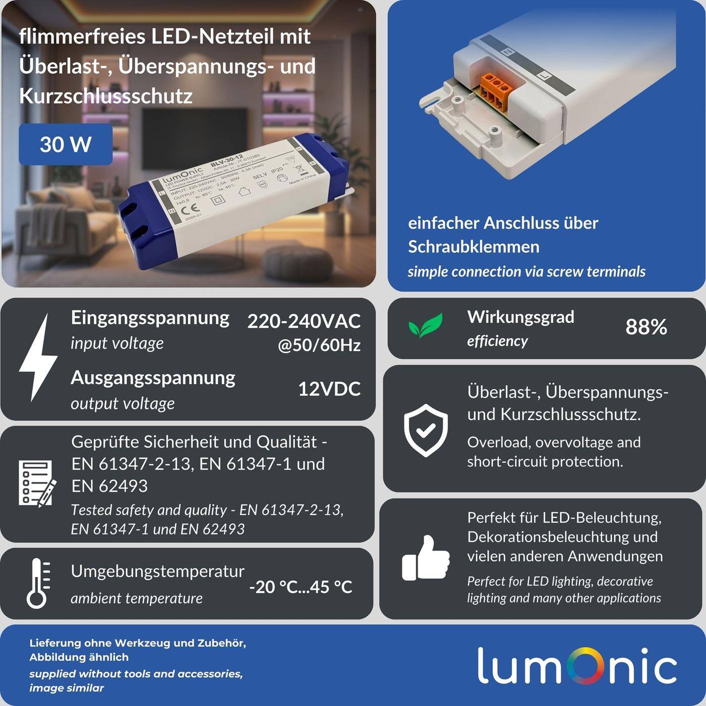 Lumonic I LED transformer BLV-30-12 I 12V 30W I Input 220-230VAC I flicker-free I Overload protection I LED power supply unit I for LED lighting
