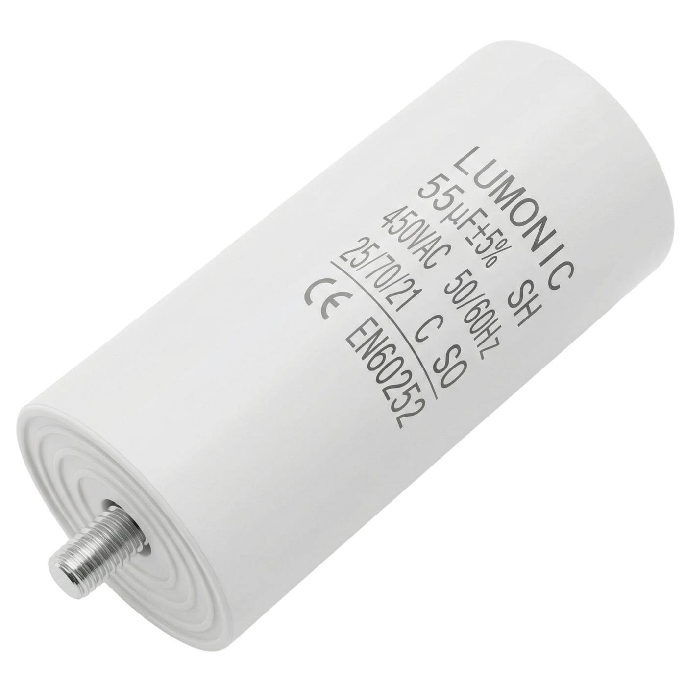 Lumonic Anlaufkondensator 55µF 450V | mit Stecker I 45x100mm I 55uF I Motorkondensator mit Kunststoffgehäuse I Betriebskondensator I für Pumpen, Rasenmäher, Werkzeuge