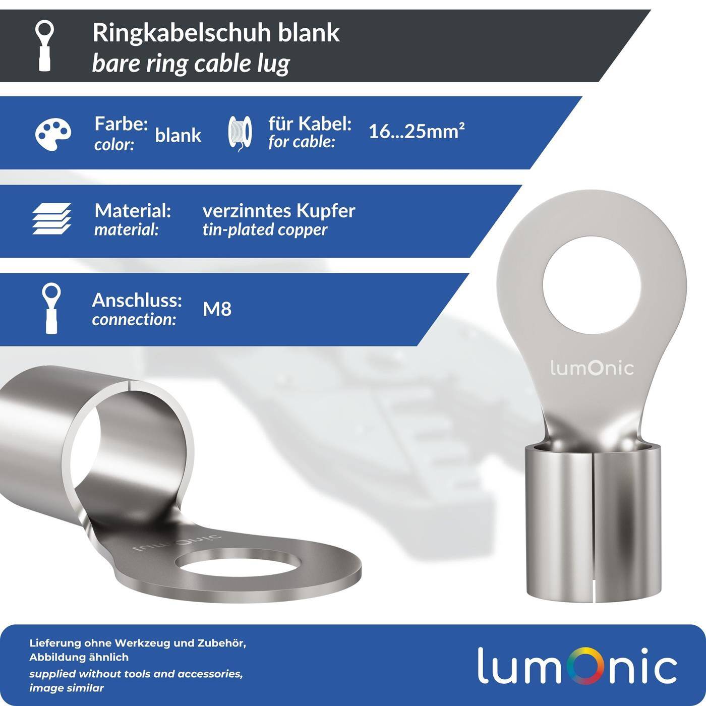Lumonic 25x Ringkabelschuh 16-25mm² blank | M8 | Kupfer verzinnt | sichere Kabelverbindung ohne Löten | Crimp-Kabelschuh unisoliert | KFZ, Maschinenbau, Wohnmobil, Batterie