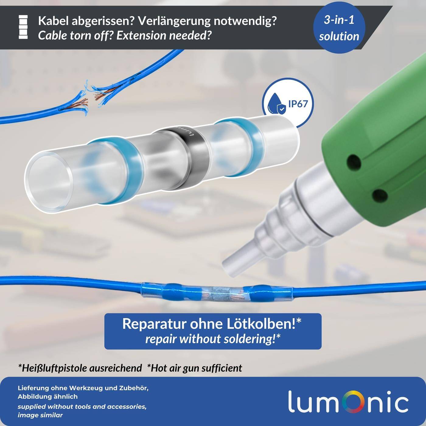 Lumonic 10x Schrumpf Lötverbinder  mit Schrumpfschlauch | 1,5-2,5mm² | Blau | WarmSchrumpf Kabelverbinder | Wasserdicht IP67 | Kabel Reparatur