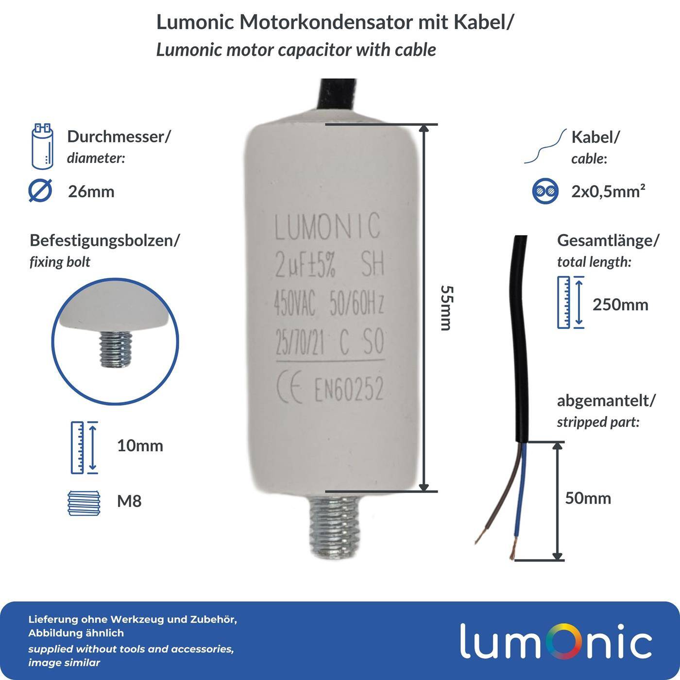 Lumonic Anlaufkondensator 2µF 450V | mit Kabel I 26x55mm I 2uF I Motorkondensator mit Kunststoffgehäuse I Betriebskondensator I für Pumpen, Rasenmäher, Werkzeuge