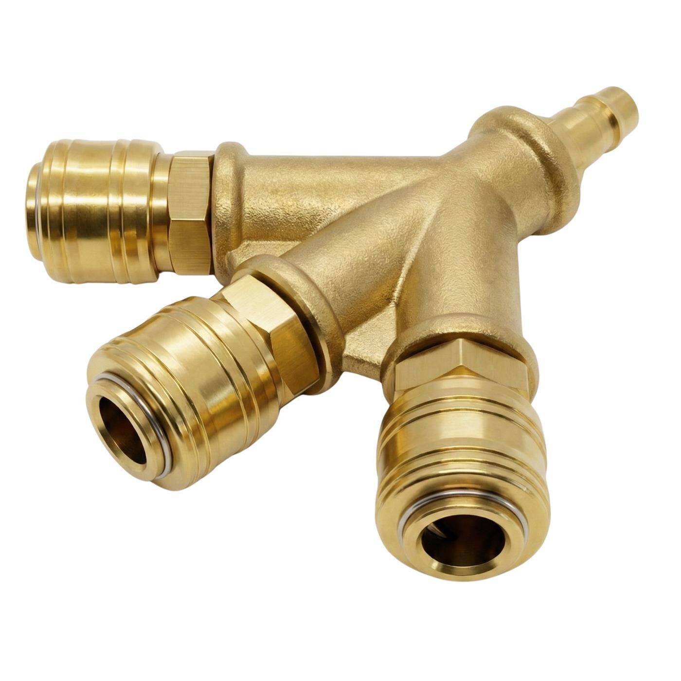 Druckluftverteiler 3-fach komplett mit Kupplungs-Stecker aus Messing Innengewinde 3/8" Druckluftweiche Schnellkupplung Mehrfachverteiler für Werkstätten, Betriebe und Heimwerker