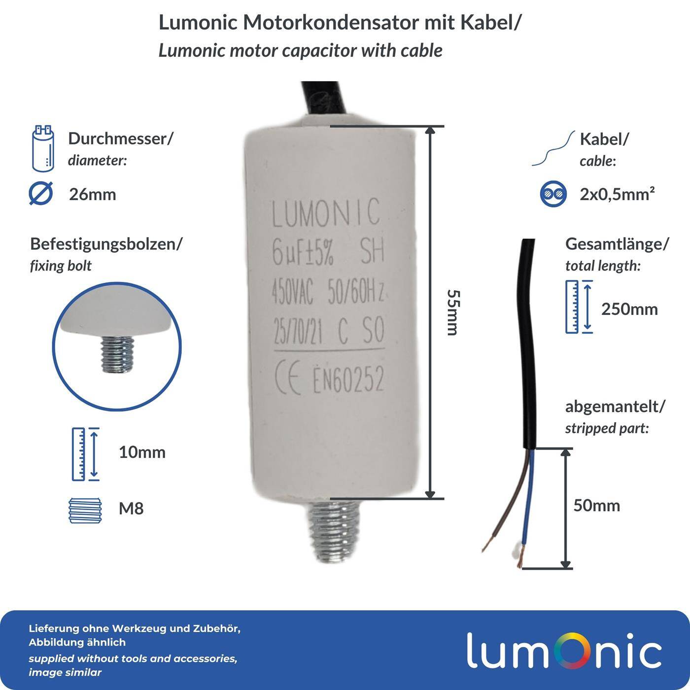 Lumonic Anlaufkondensator 6µF 450V | mit Kabel I 26x55mm I 6uF I Motorkondensator mit Kunststoffgehäuse I Betriebskondensator I für Pumpen, Rasenmäher, Werkzeuge