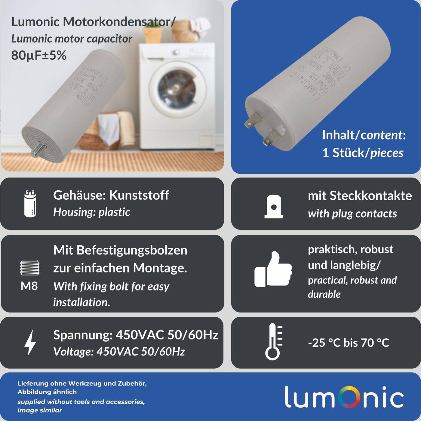 Lumonic Anlaufkondensator 80µF 450V | mit Stecker I 50x120mm I 80uF I Motorkondensator mit Kunststoffgehäuse I Betriebskondensator I für Pumpen, Rasenmäher, Werkzeuge