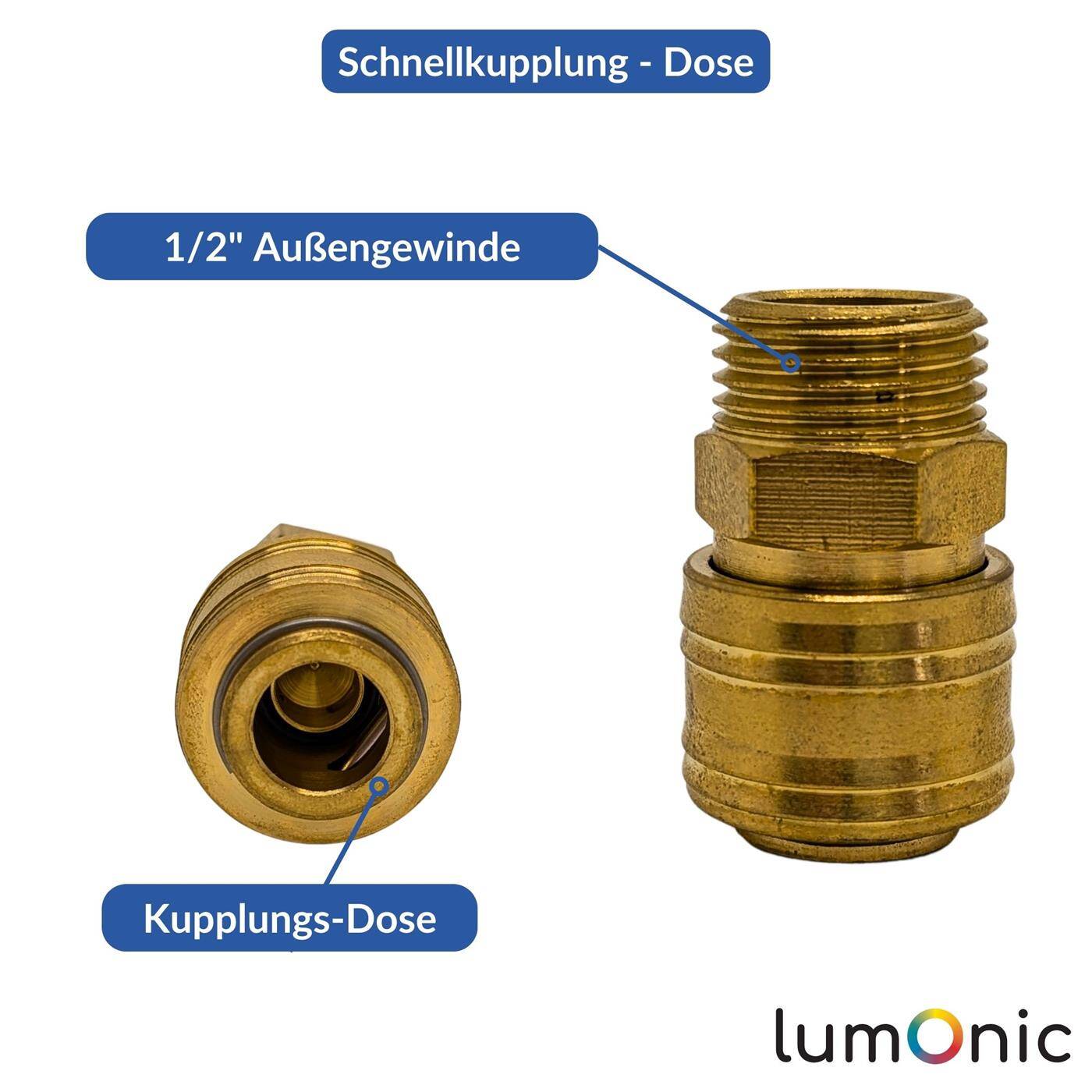 Lumonic I Kupplungsdose mit Außengewinde I 1/2" I aus Messing I Druckluftkupplung-Buchse I Schnellkupplung I für Werkstätten, Betriebe und Heimwerker