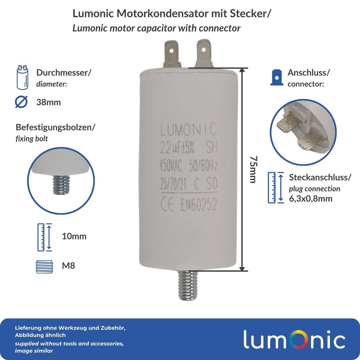 Lumonic Anlaufkondensator 22µF 450V | mit Stecker I 38x75mm I 22uF I Motorkondensator mit Kunststoffgehäuse I Betriebskondensator I für Pumpen, Rasenmäher, Werkzeuge