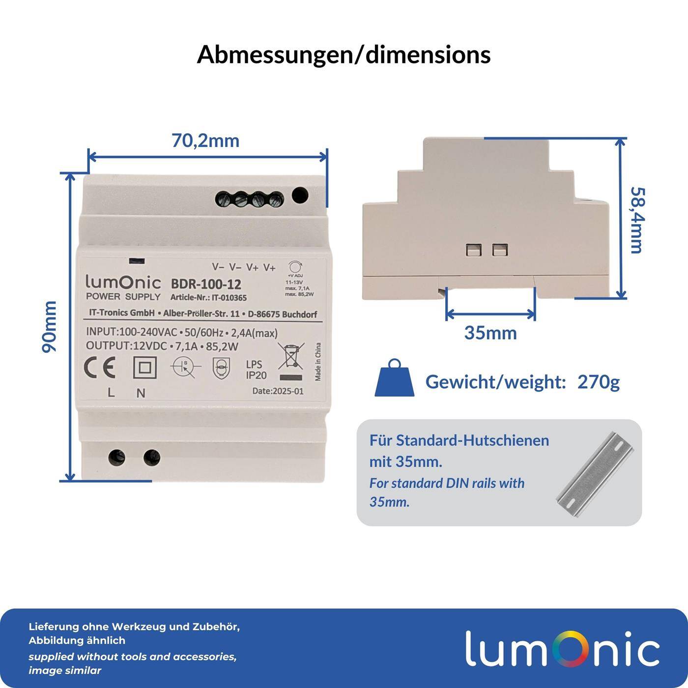 Lumonic I Netzteil Hutschiene BDR-100-12 I 12V / 85,2W I Input 100-240VAC I Überlastschutz & kurzschlussfest I DIN-Rail Schaltnetzteil I Schaltschrank & Verteilerkasten