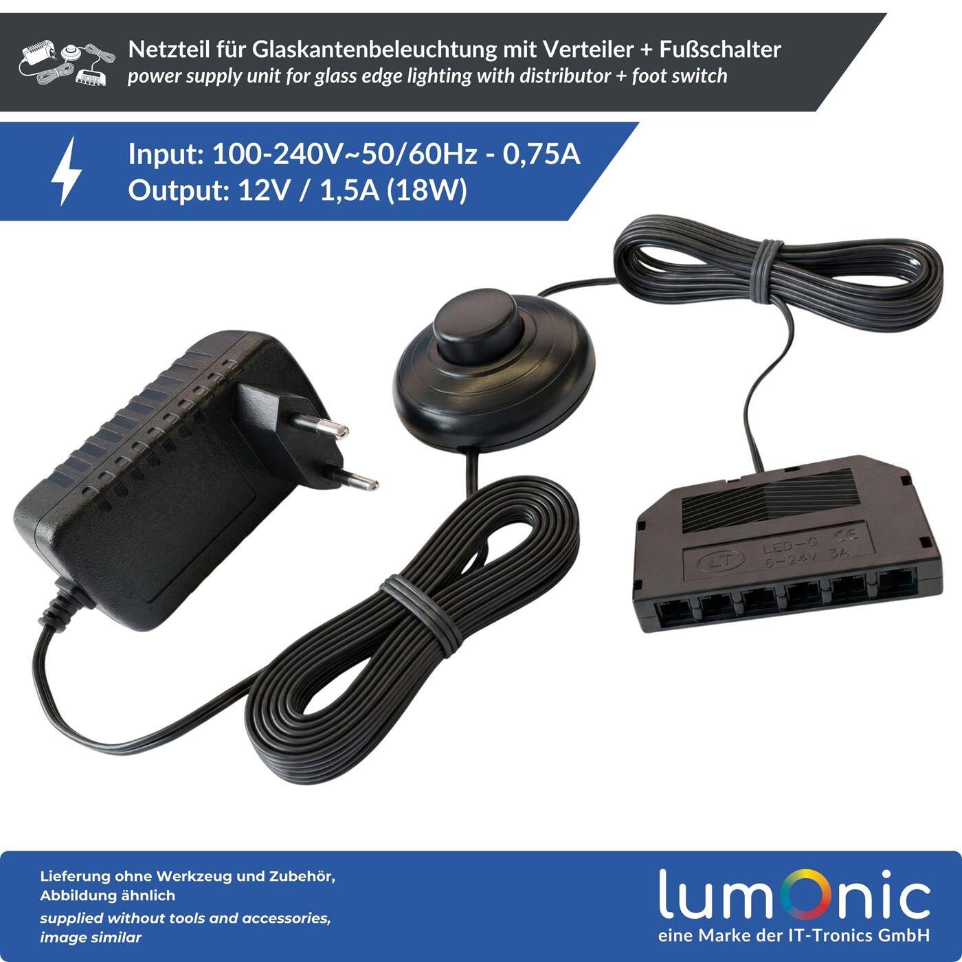 Lumonic LED Netzteil Glaskantenbeleuchtung 12V 18W mit Fußschalter & 6-fach Verteiler | 340cm | Plug & Play | Trafo für Glasbodenbeleuchtung