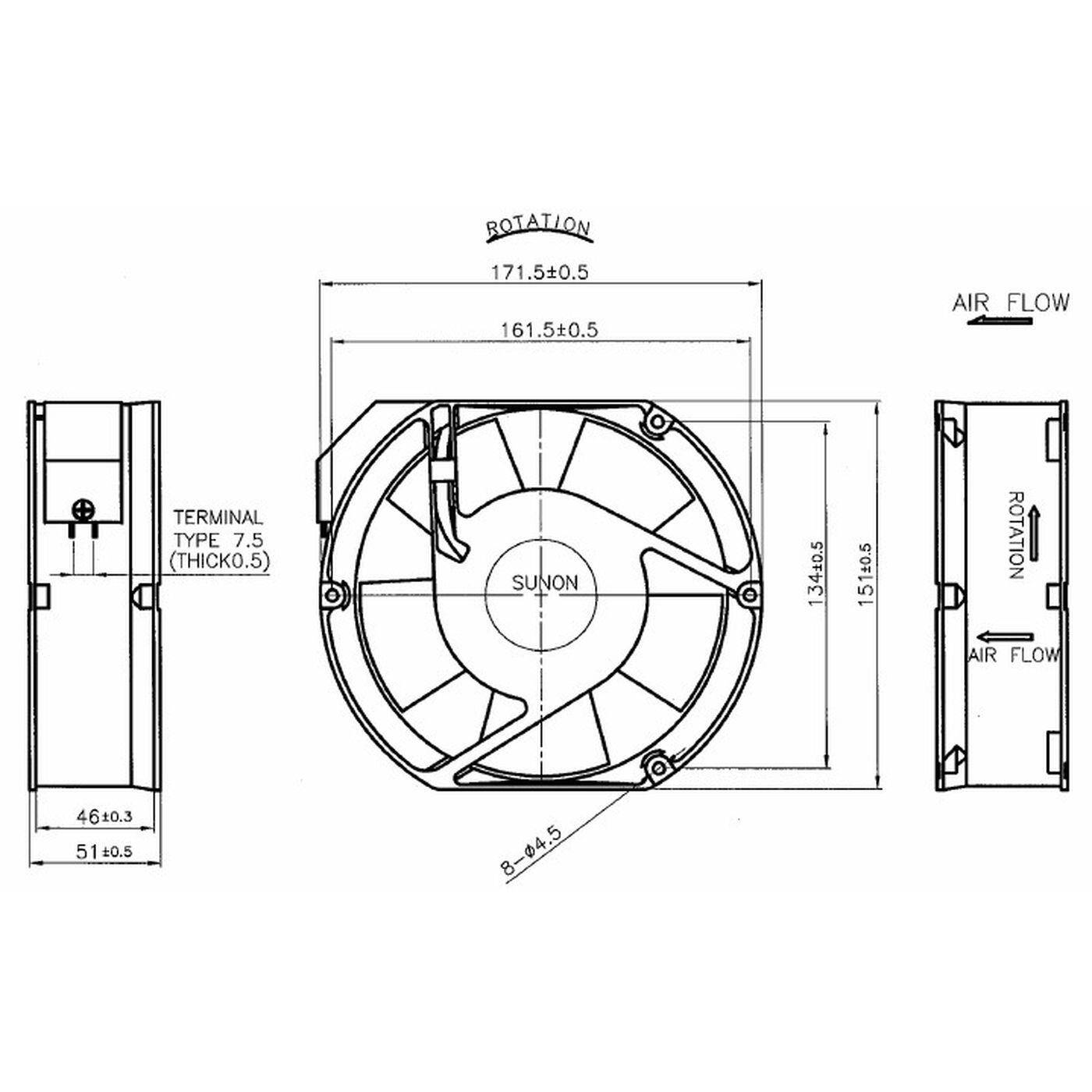 Lüfter 230V AC 26W 172x151x51mm 345m³/h 2800U/Min 345m³/h Sunon A2175HBT-TC