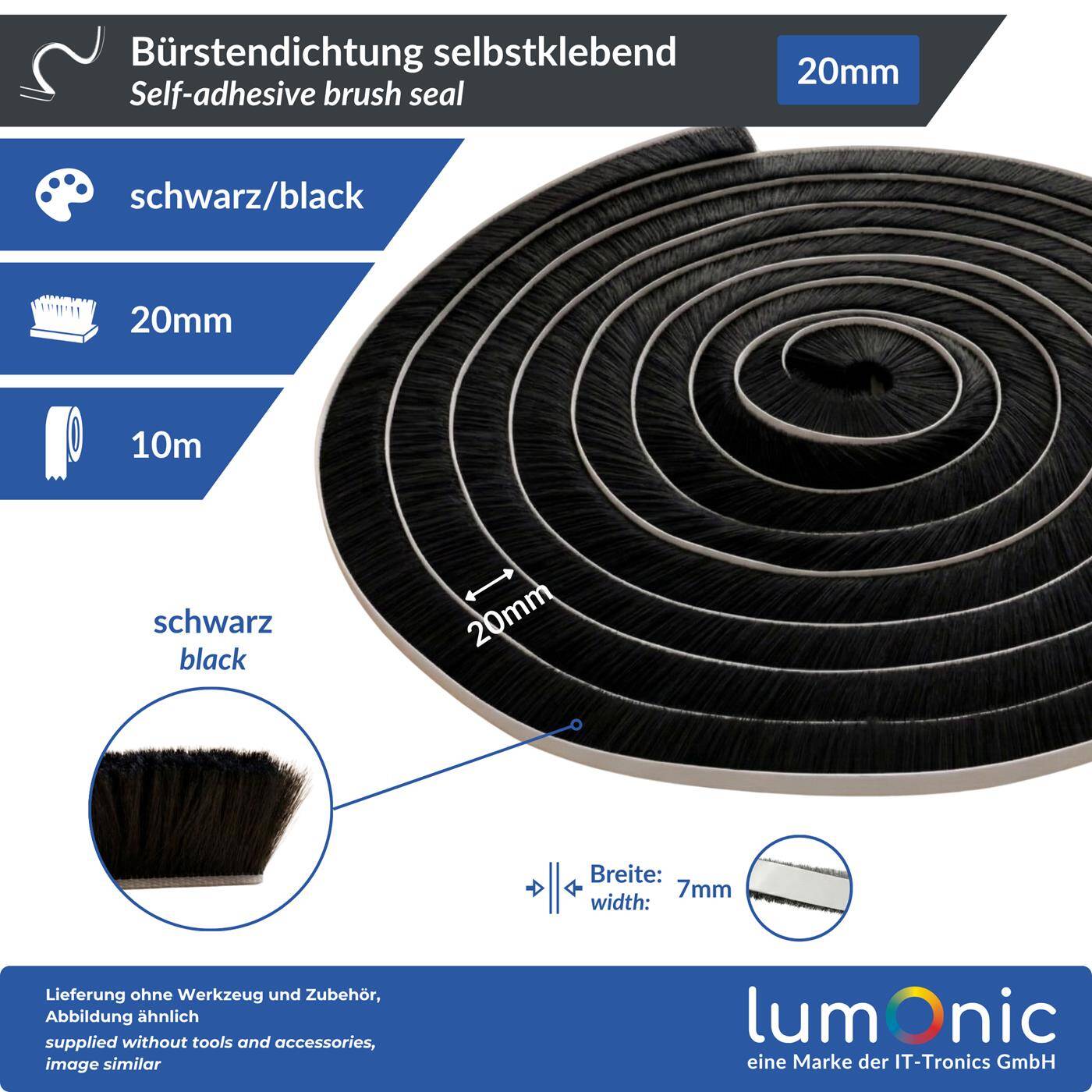 Lumonic 10m Brush seal black 20mm | Self-adhesive + Can be cut to size | Draught excluder, cold protection, insect screen for windows, doors, cupboards