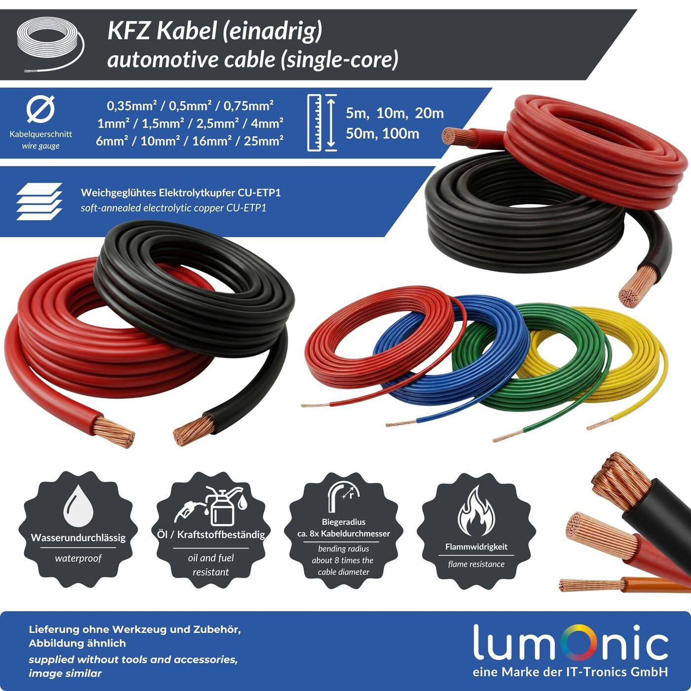 Lumonic 1m FLRY Fahrzeugleitung 0,75mm² grau | einadrige KFZ Litze | Öl- und Kraftstoffbeständig, flammwidrig | Niedervolt