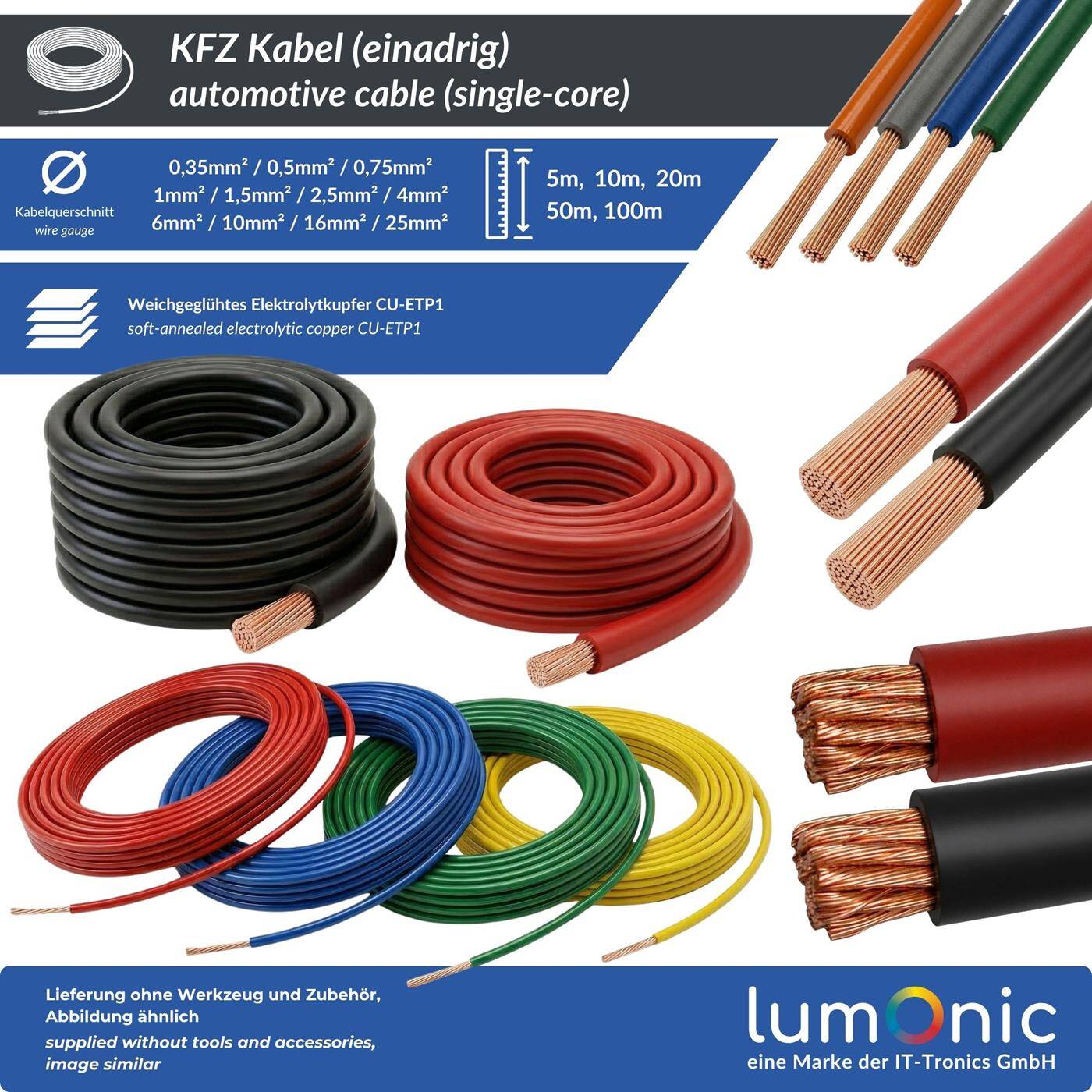Lumonic 1m FLY Vehicle cable 16mm² Black | Single-core automotive stranded wire | Oil and fuel resistant, flame retardant | Low voltage