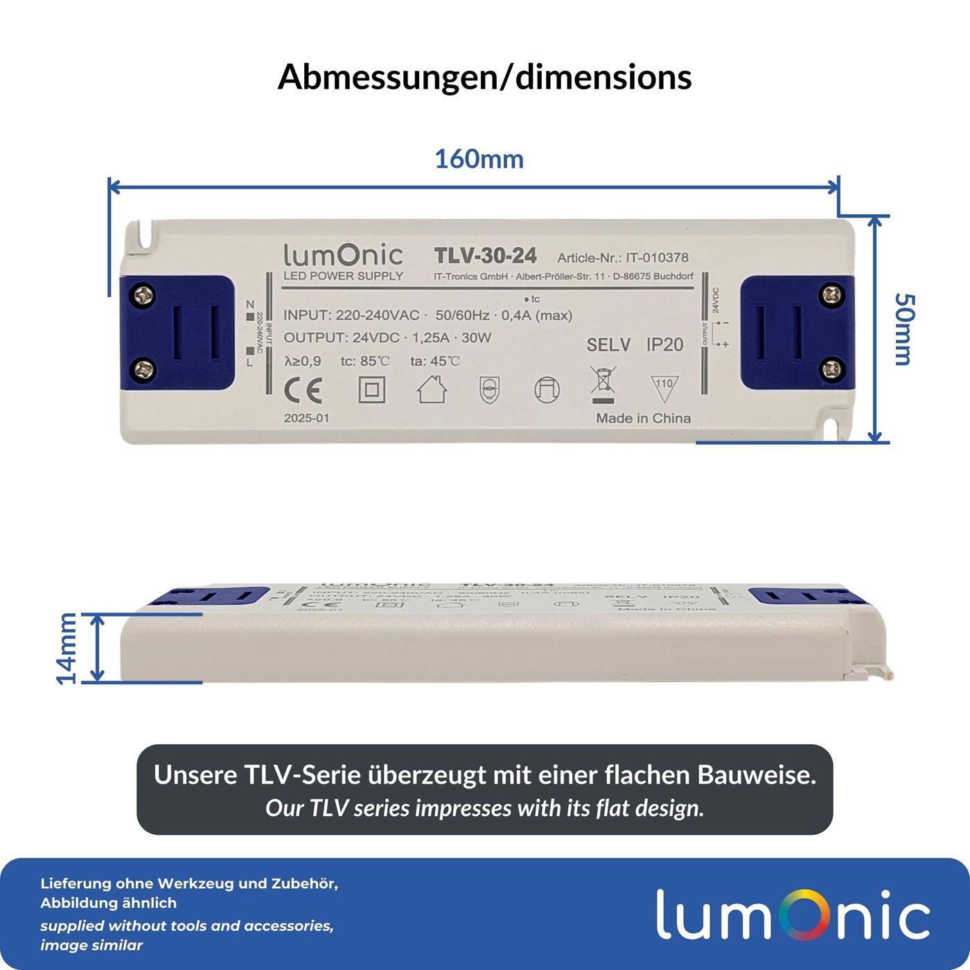 Lumonic I LED transformer TLV-30-24 I 24V 30W I Input 220-240VAC I flicker-free I Overload protection I LED power supply unit I for LED lighting