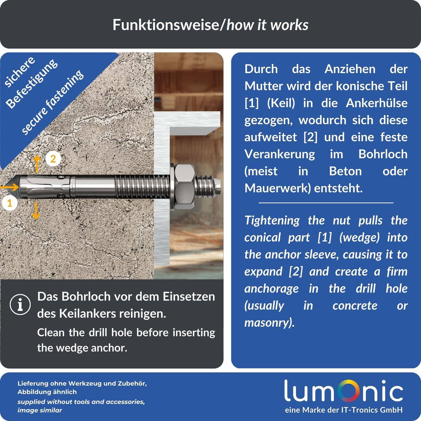 Lumonic Schwerlastdübel M8 x 80mm | hochwertige Edelstahl V2A Keilanker | Durchsteckmontage,  | Betonanker, Schwerlastanker | für Überdachungen, Geländer, Regale, Trennwände