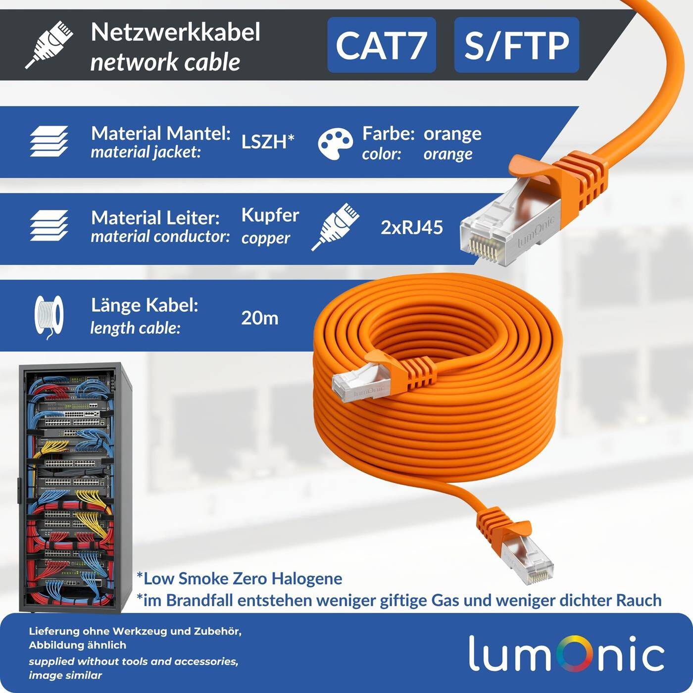 Lumonic CAT7 Patchkabel S/FTP 20m | RJ45 | Orange | Ethernet LAN | Netzwerkkabel